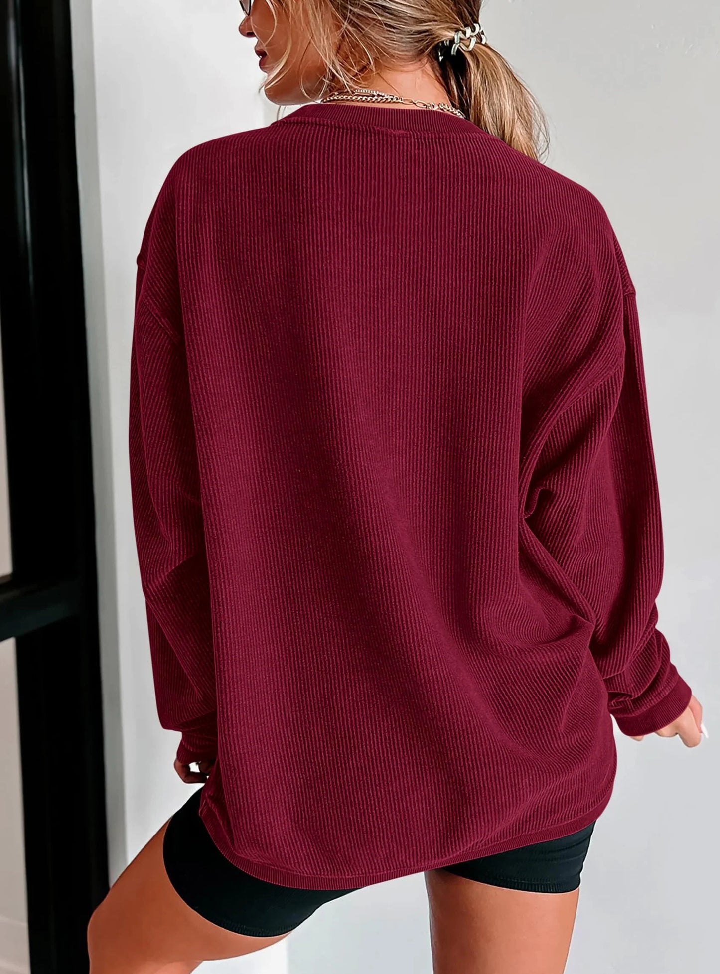 Women's Oversized Sweatshirt 2025 Fall Fashion Clothes Ribbed Corduroy Long Sleeve Going Out Pullover Tops