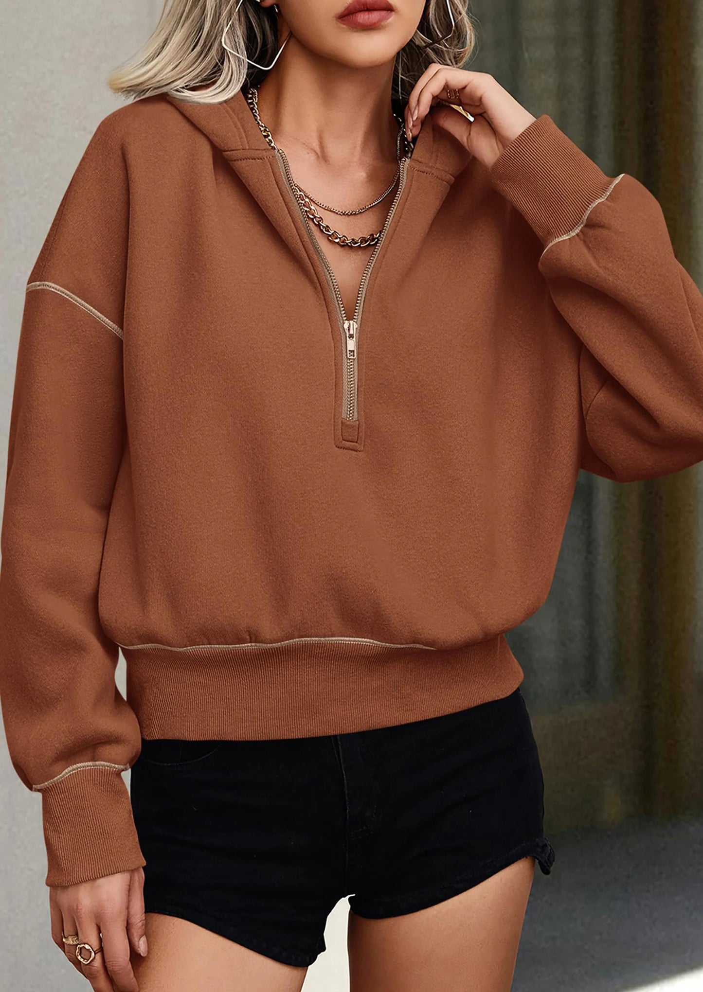Women's Hooded Sweatshirts Long Sleeve Half Zip Cropped Hoodie Pullover Winter Fashion Clothes