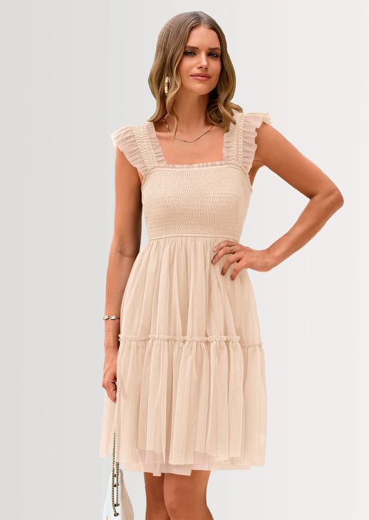 Womens Trendy Mini Summer Dresses Sleeveless Tulle Ruffle Square Neck Tiered Smocked Beach Vacation Dress