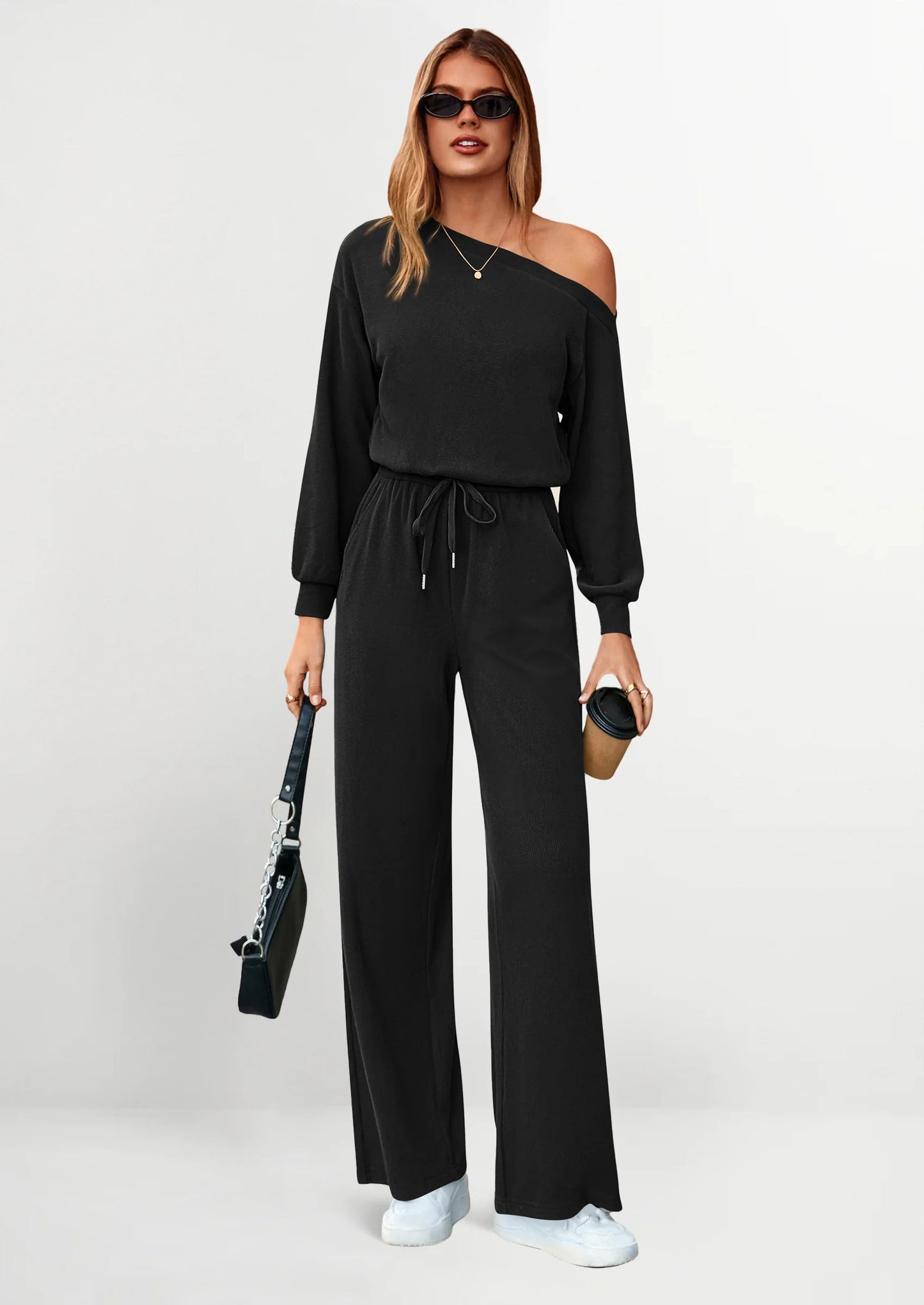 Long Sleeve Jumpsuit For Women Dressy Off Shoulder One Piece Loose Wide Leg Jumpsuits Casual Flowy Romper