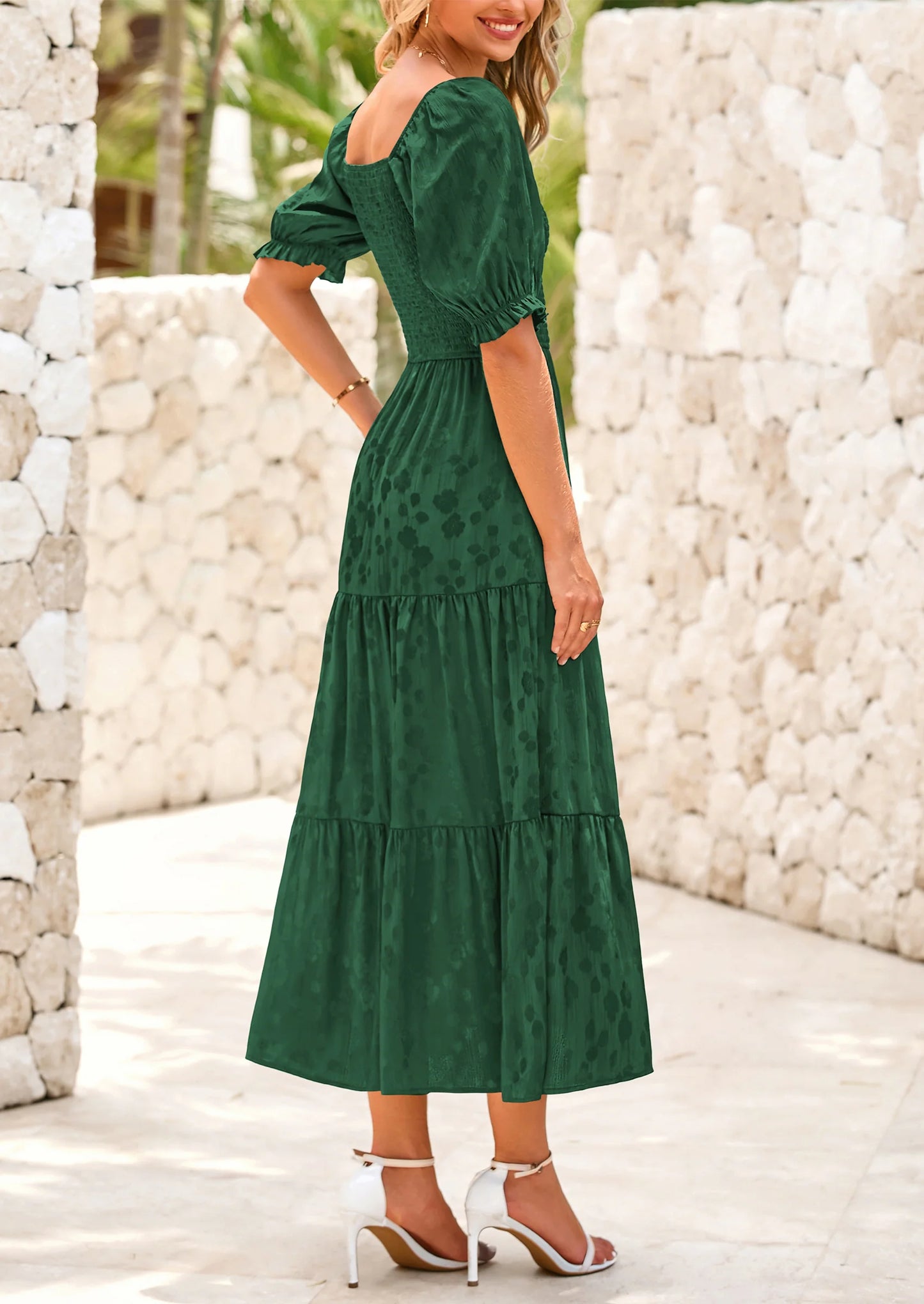 Women's Casual Midi Dresses Square Neck Short Sleeve Smocked A Line Floral Flowy Elegant Boho Dress
