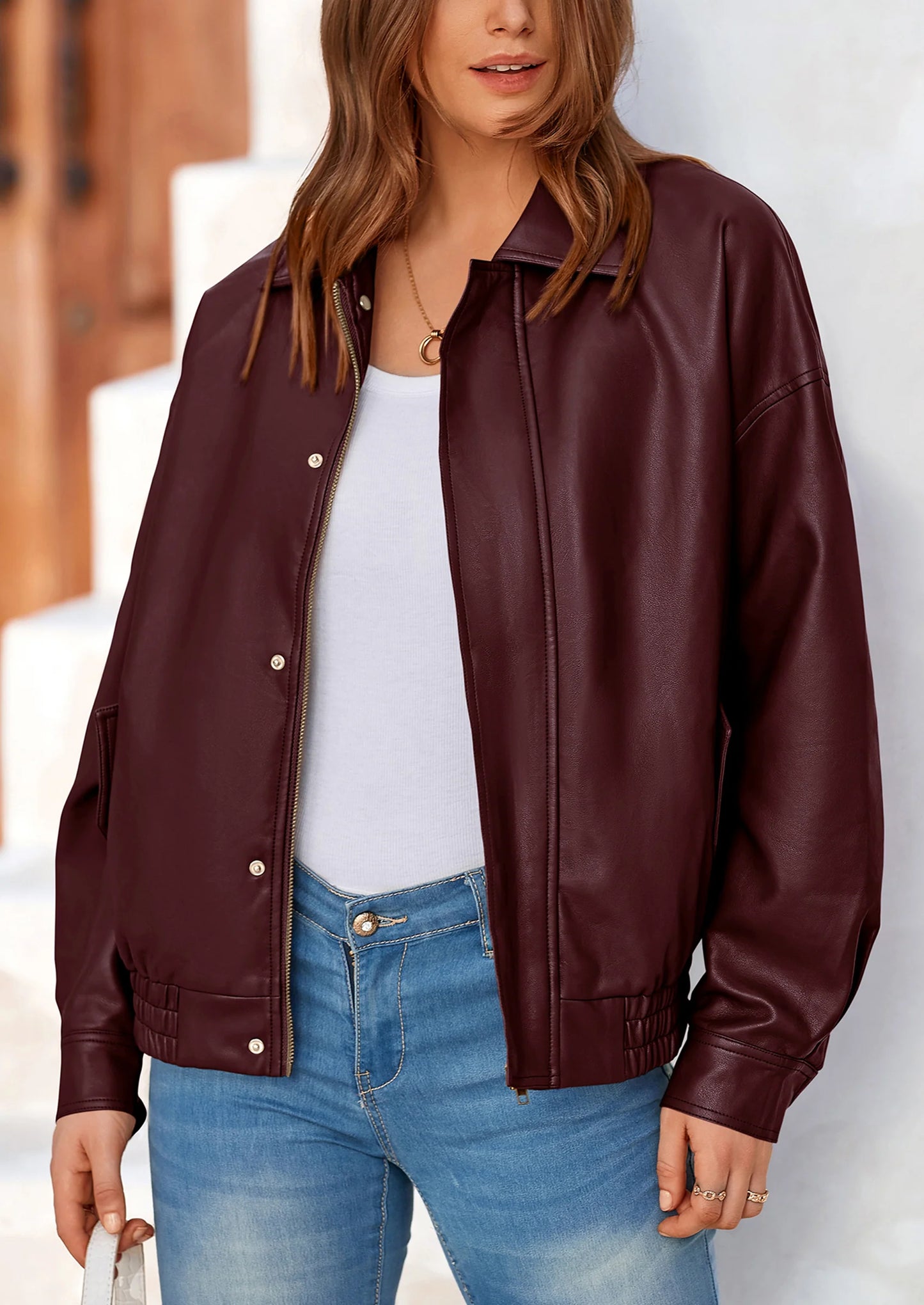 Women's Faux Leather Motorcycle Jacket Trendy Fall Spring Clothes Oversized Zip Up Winter Coat Outerwear