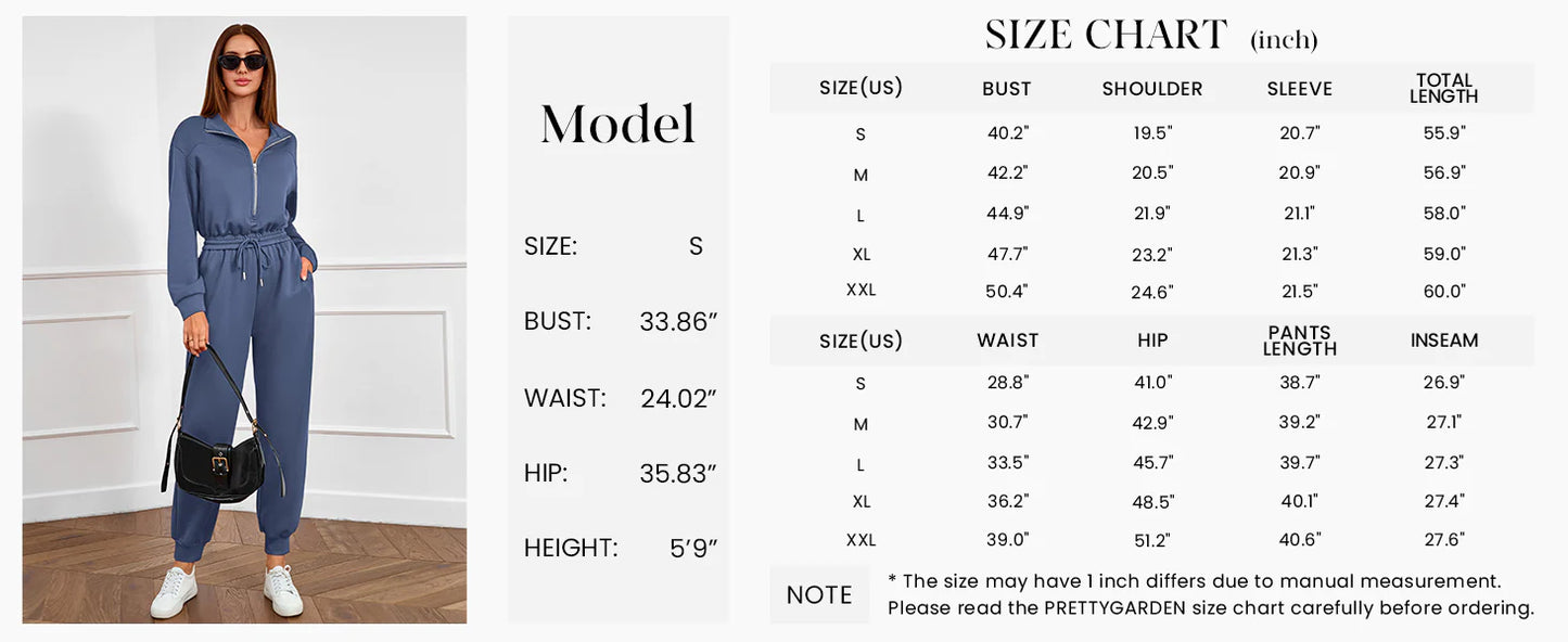 Long Sleeve Jumpsuits for Women Casual  Fall Fashion Zip Up Pant Rompers One Piece Sweatsuits Travel Outfits