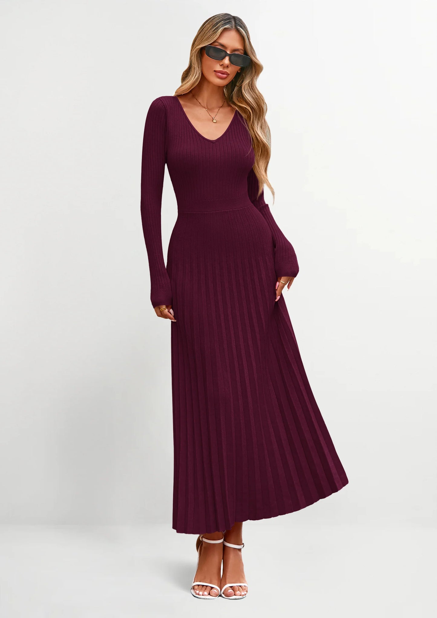 Women Sweater Dress Fall Fashion Long Sleeve V Neck Ribbed Knit Pleated A Line Elegant Maxi Winter Dresses