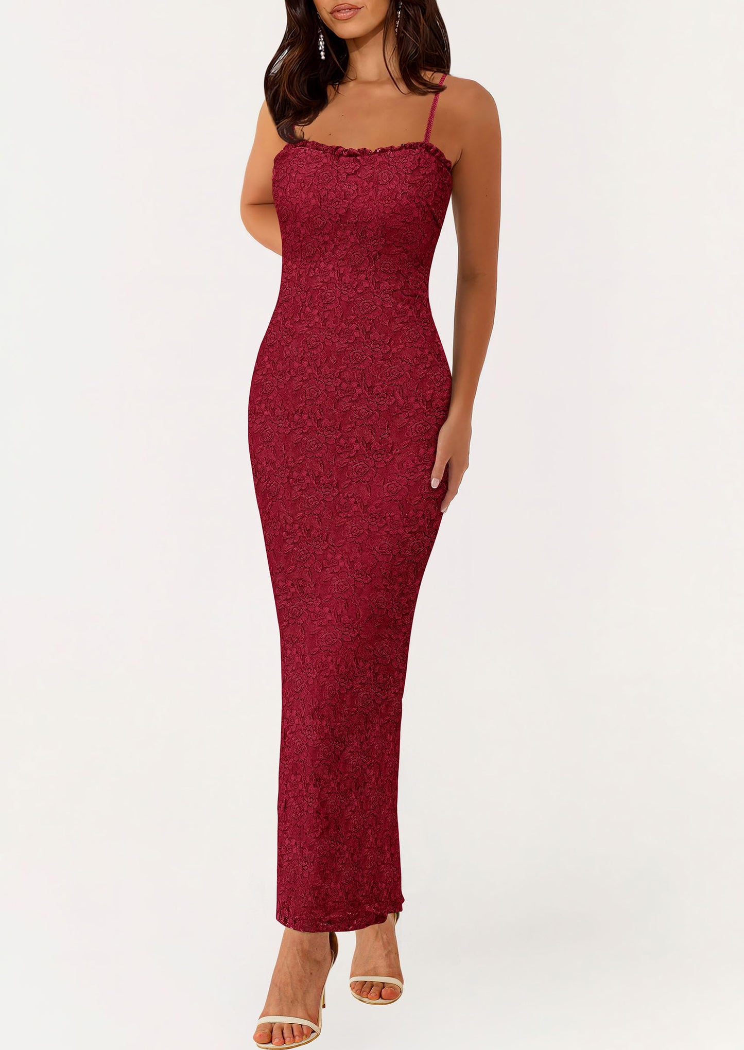 Women's Formal Prom Dress Spaghetti Strap Lace Floral Wedding Guest Evening Bodycon Dresses