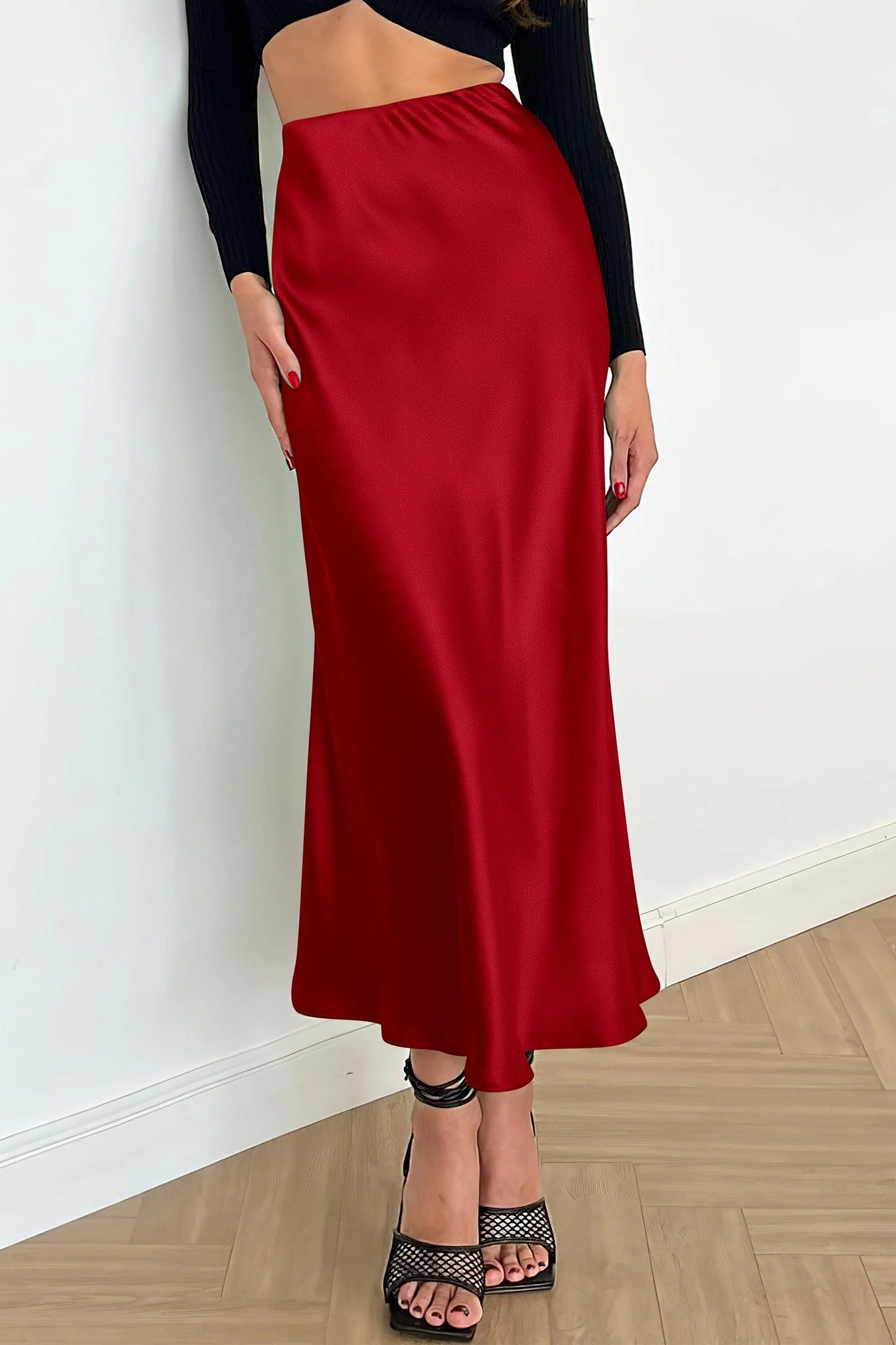 Women's Satin Skirts Dressy Casual Fall High Waisted Cocktail Wedding Flowy Elegant A Line Midi Skirt