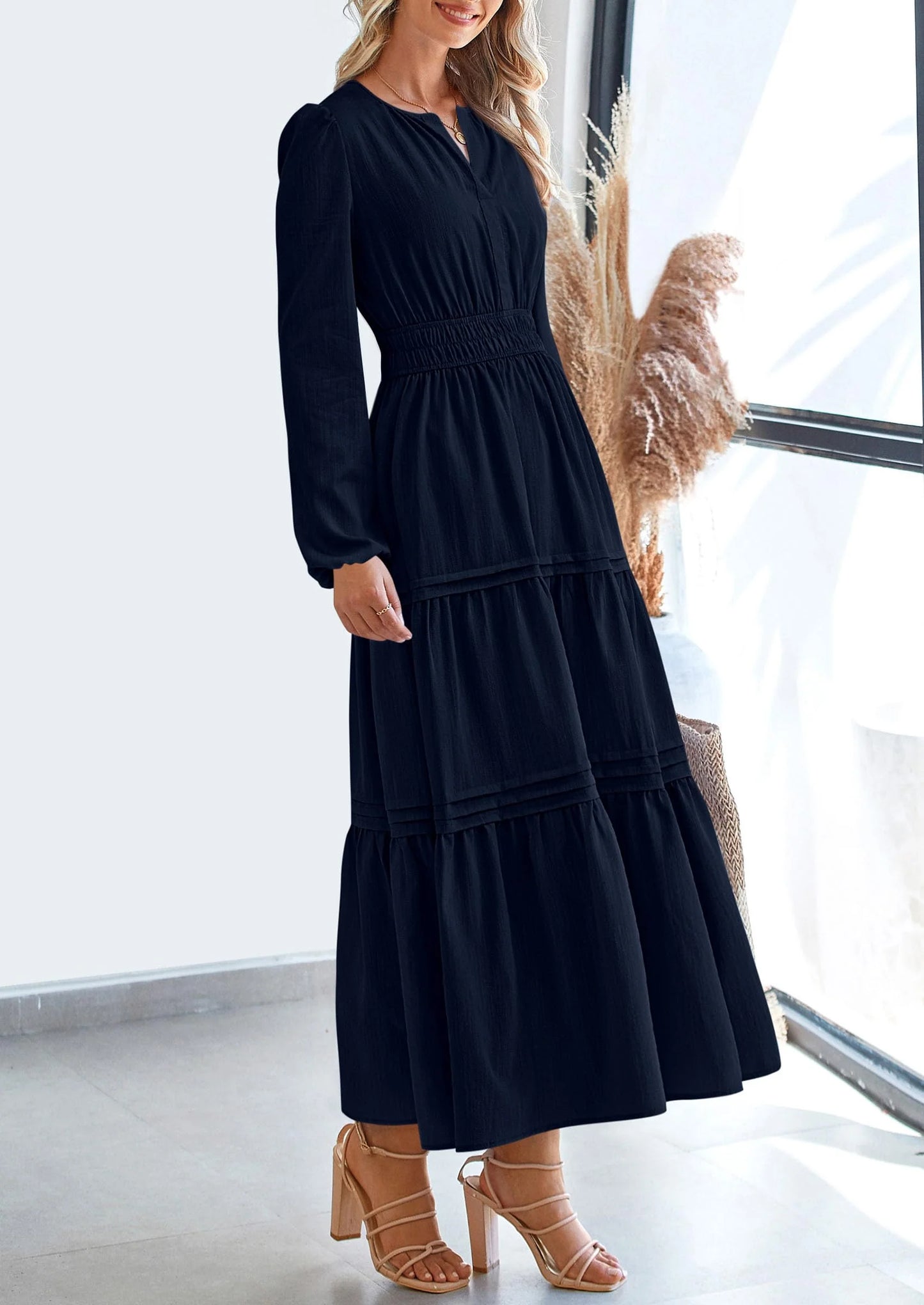 Women's Elegant Maxi Dresses Long Sleeve V Neck Flowy Pockets Casual Modest Dress Fall Fashion Clothes