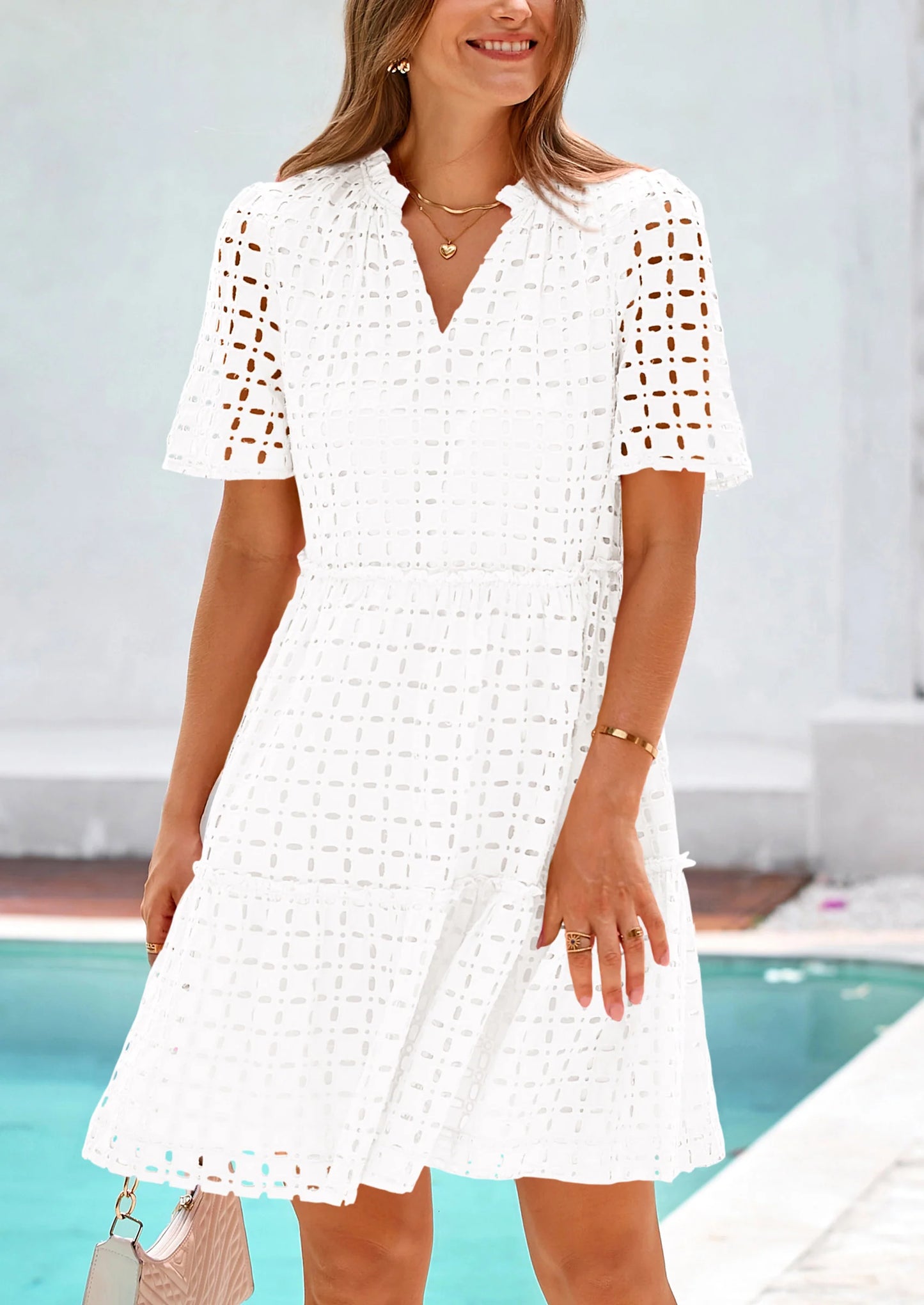 Women's Short Sleeve Mini Dress Summer V Neck Hollow Out Eyelet Ruffle A Line Swing Short Dresses