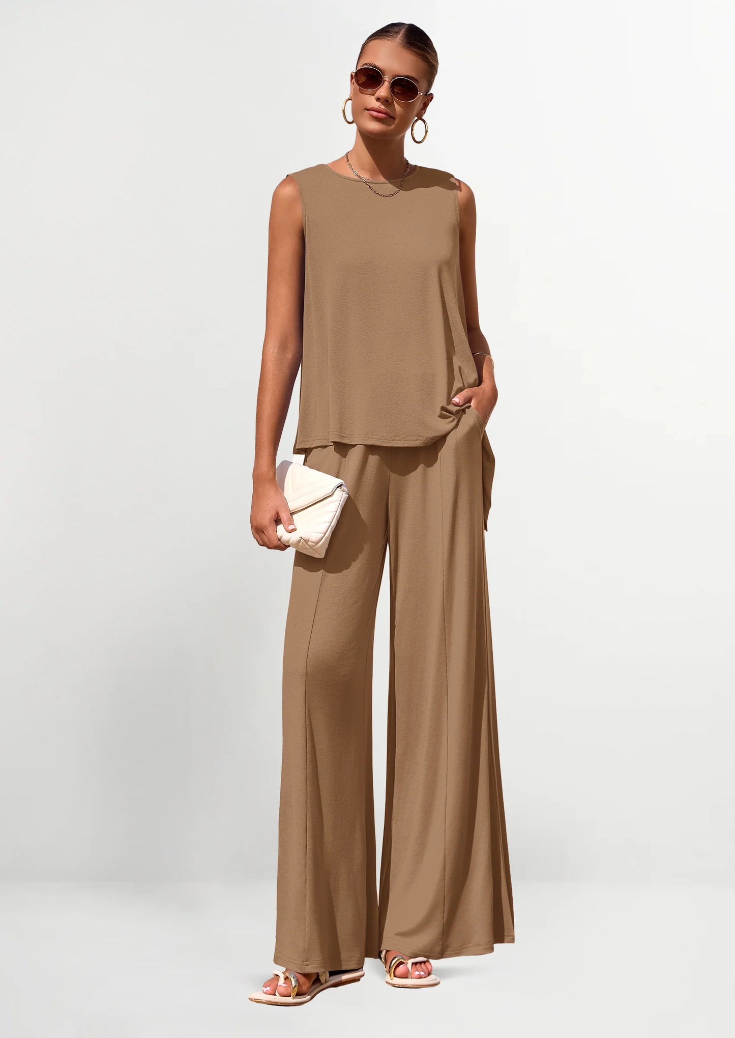 Women's Two Piece Matching Lounge Sets Asymmetrical Split Tank Tops Wide Leg Pants Summer Outfits Tracksuit