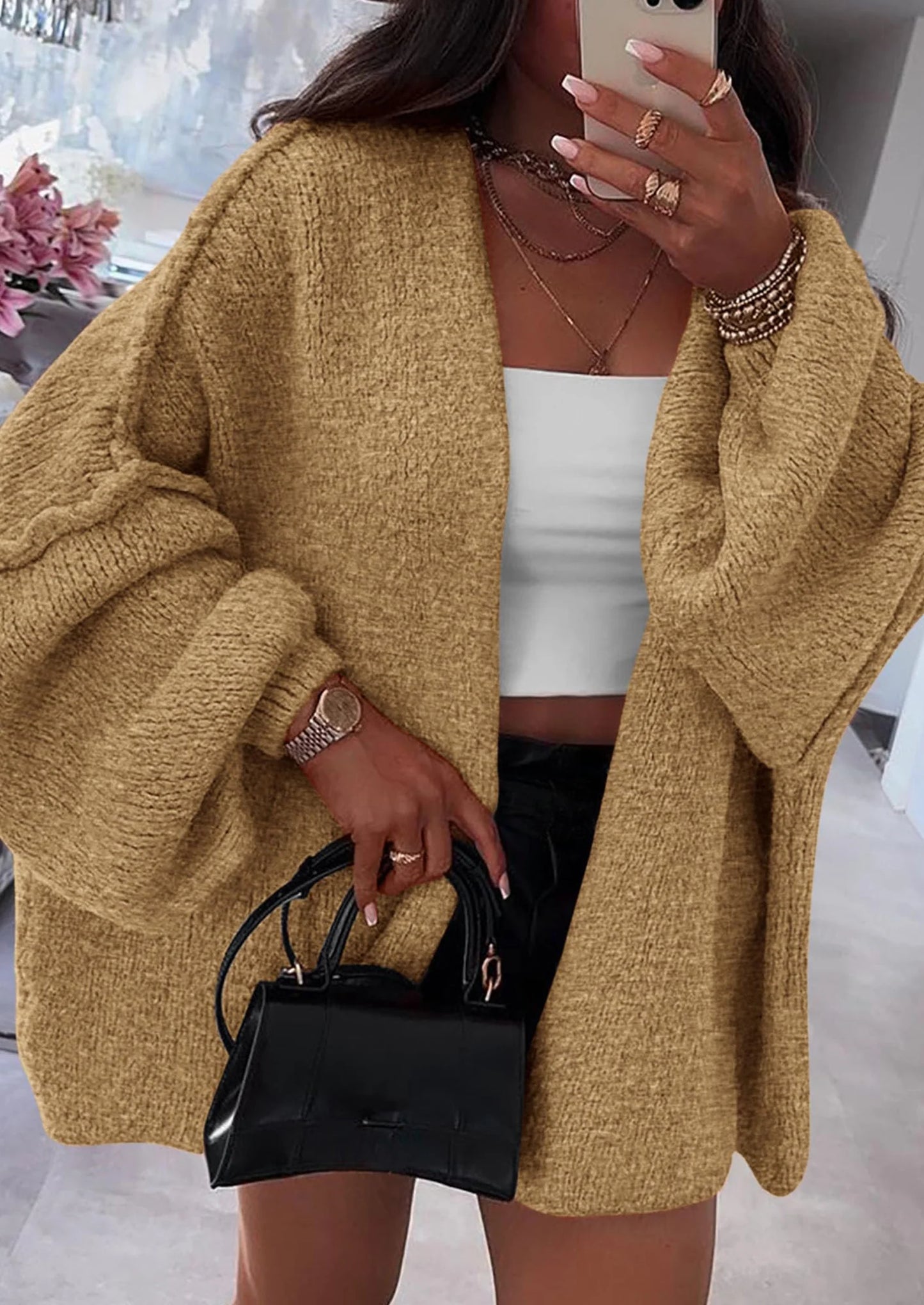 Womens Oversized Cardigan Sweaters Fall Long Lantern Sleeve Knit Open Front Lightweight Sweater