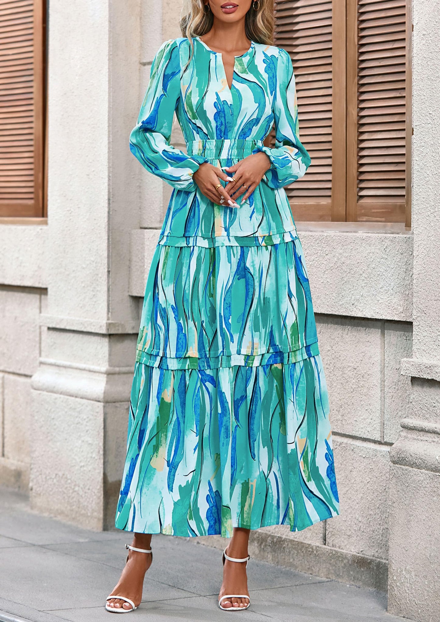 Women's Fall Boho Maxi Dresses Floral Long Sleeve V Neck Flowy Elegant Wedding Guest Dress Vacation Outfits
