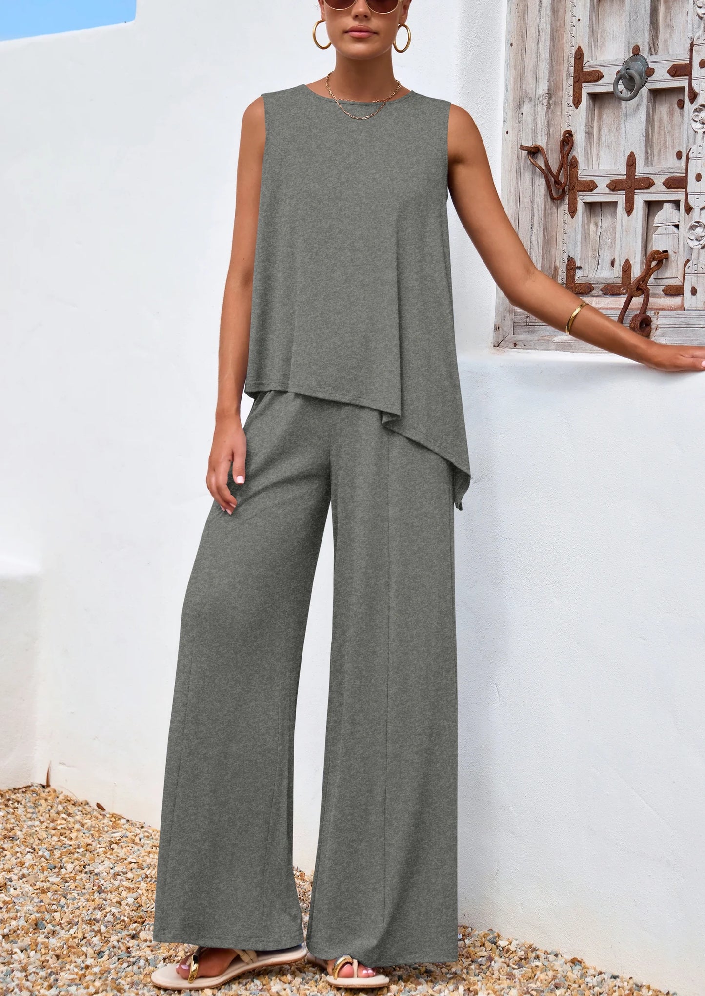 Women's Two Piece Matching Lounge Sets Asymmetrical Split Tank Tops Wide Leg Pants Summer Outfits Tracksuit