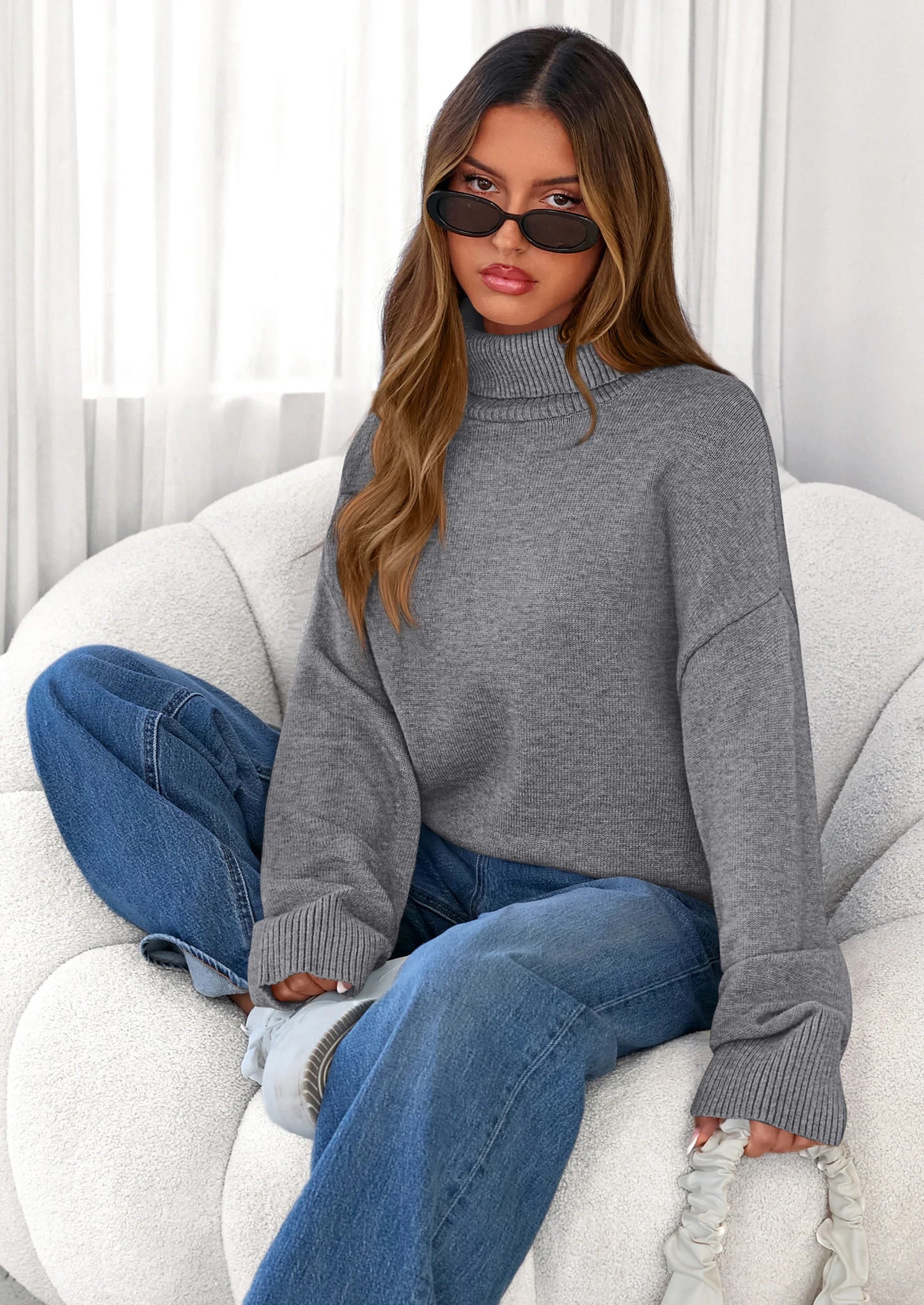 Womens Turtleneck Long Sleeve Sweater Fall Trendy Loose Fit Casual Tops Chunky Knit Pullover Sweaters