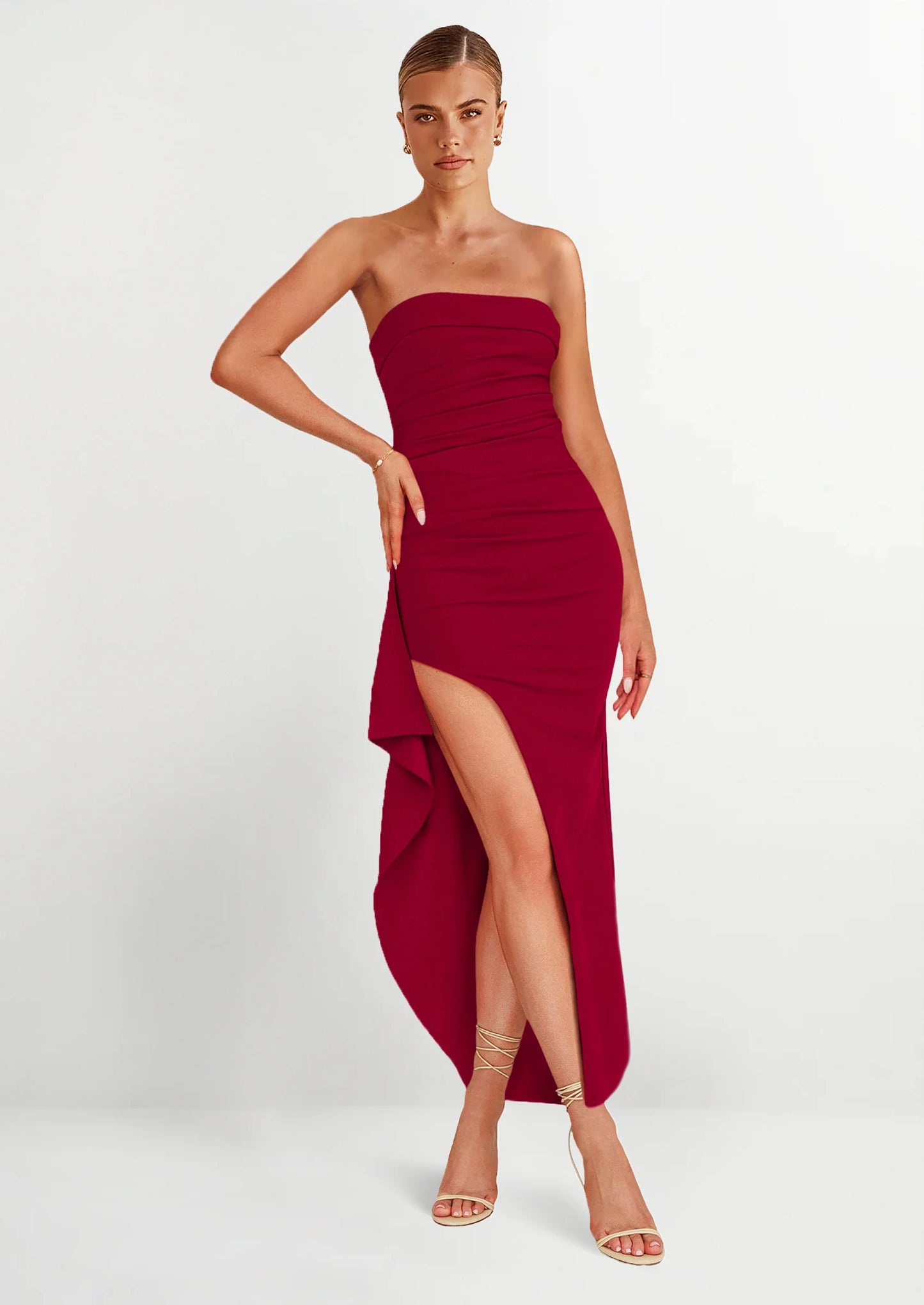 Women's Off Shoulder Bodycon Dresses Ruched Asymmetrical High Split Elegant Cocktail Party Dress
