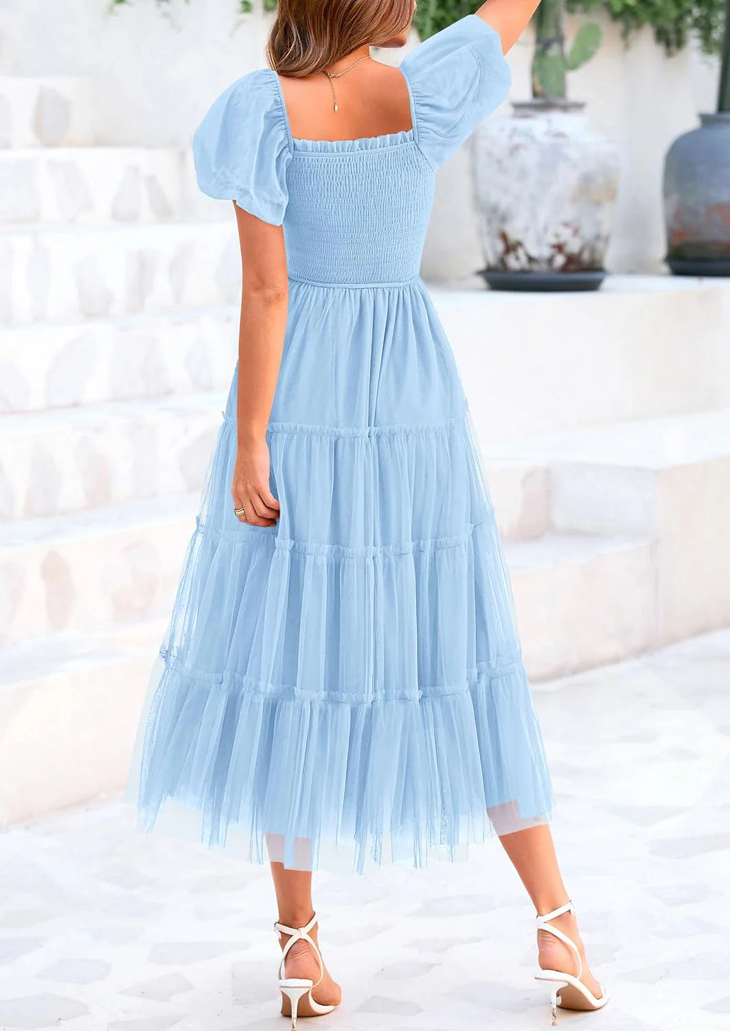 Women's Smocked Tulle Midi Dress Square Neck Puffy Short Sleeve Ruffle Wedding Guest Party Dresses