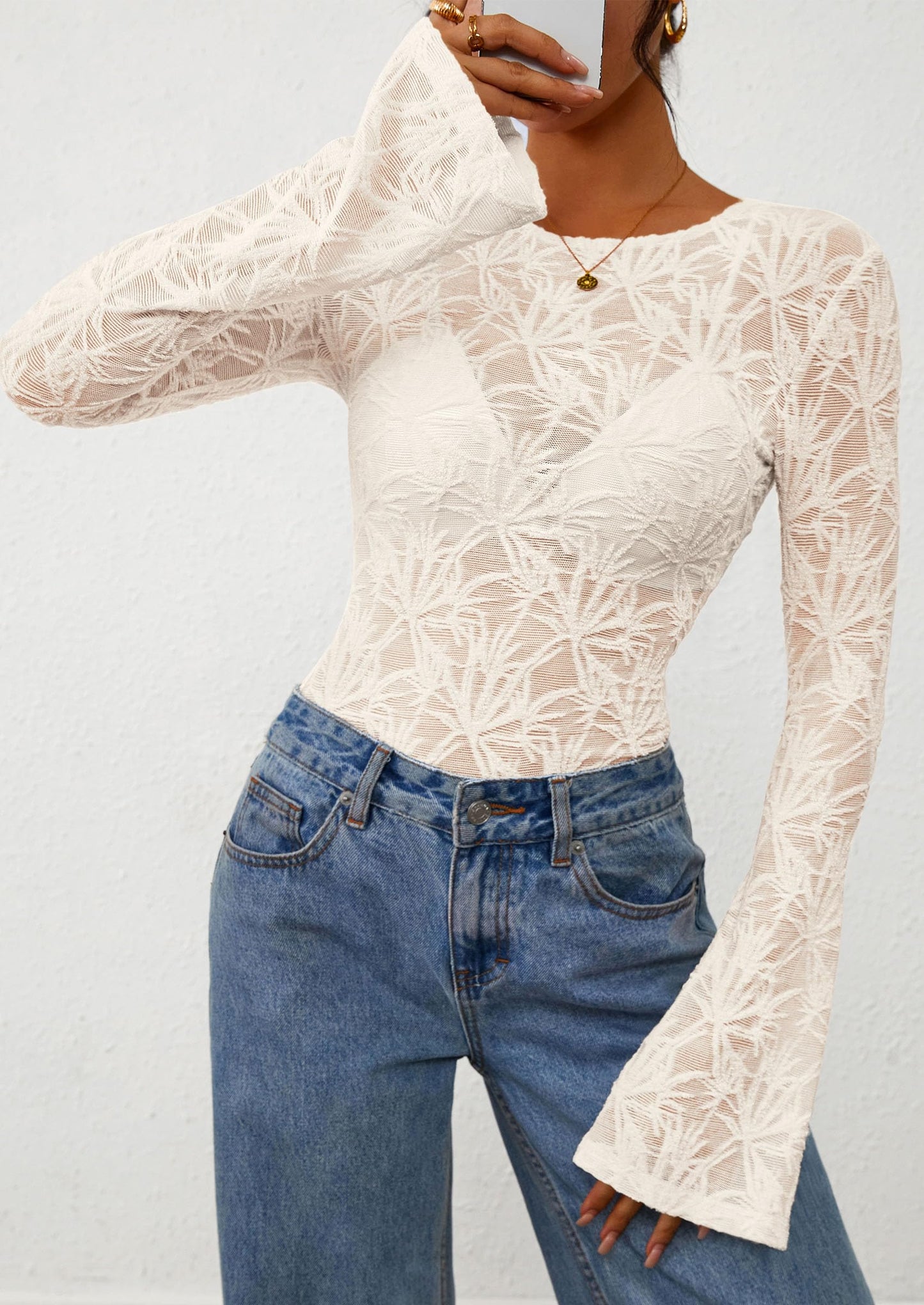 Womens Lace Long Bell Sleeve Tops Fall Sexy See Through Sheer Floral Blouse Shirt Fitted Going Out Outfits