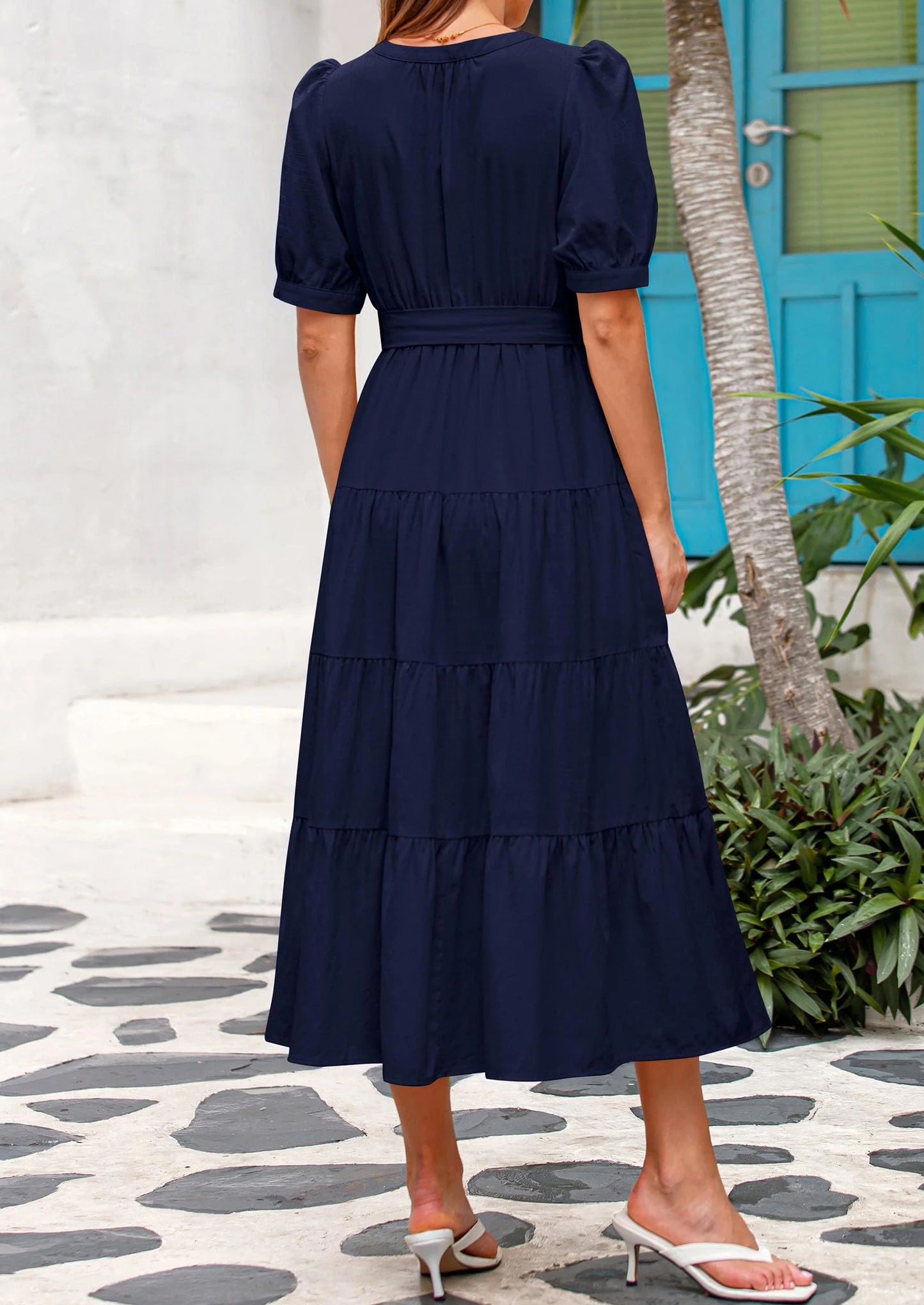 Women's Midi Dress Casual Short Sleeve V Neck Buttons Belted Ruffle A Line Flowy Dress with Pockets