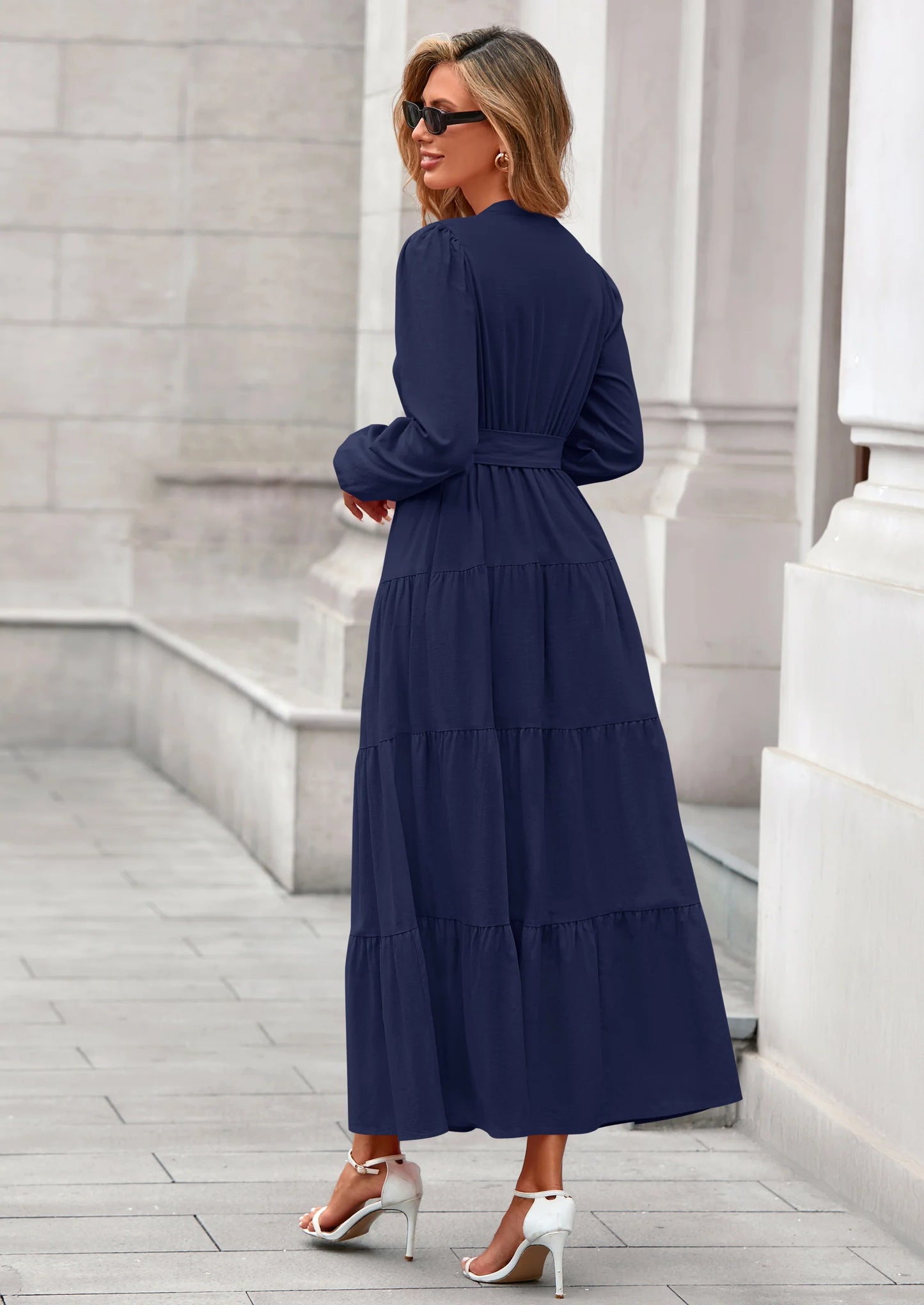 Fall Dresses for Women Long Sleeve V Neck Belted Ruffle A Line Flowy Boho Maxi Wedding Guest Dress Pockets