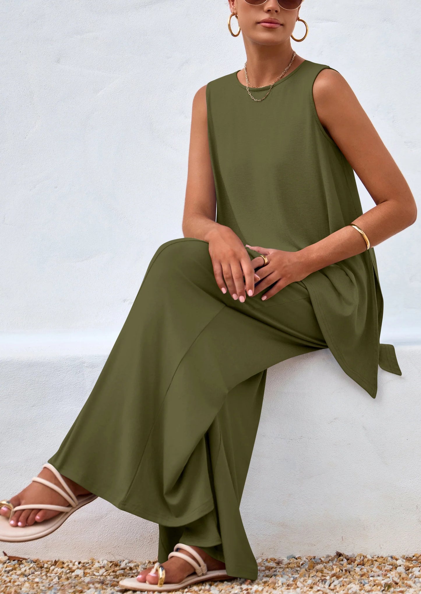 Women's Two Piece Matching Lounge Sets Asymmetrical Split Tank Tops Wide Leg Pants Summer Outfits Tracksuit
