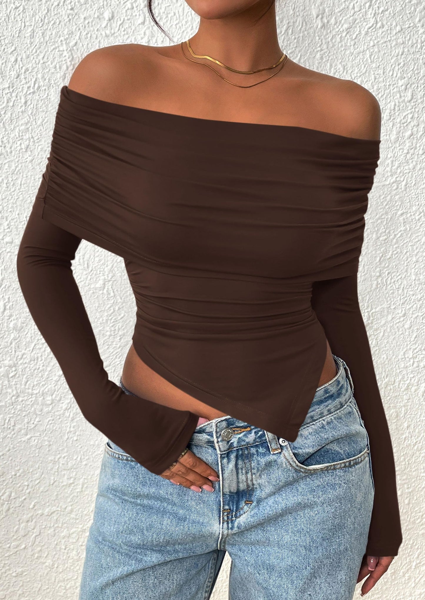 Women's Long Sleeve Shirts Off Shoulder Tops Going Out Slim Fitted Y2K Blouses Fall Fashion Clothes