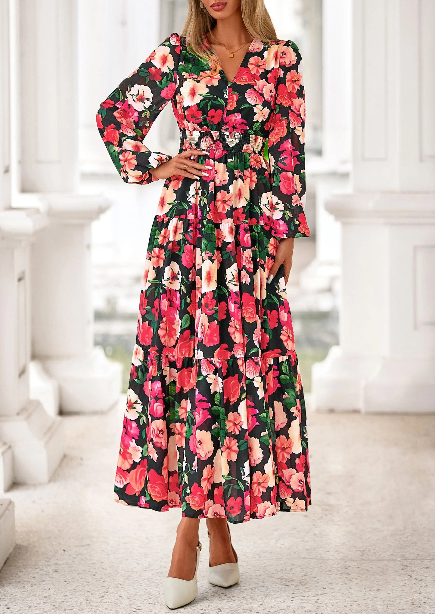 Long Sleeve Maxi Fall Dresses for Women Vneck Smocked Boho Floral Tiered Swing Flowy Wedding Guest Dress