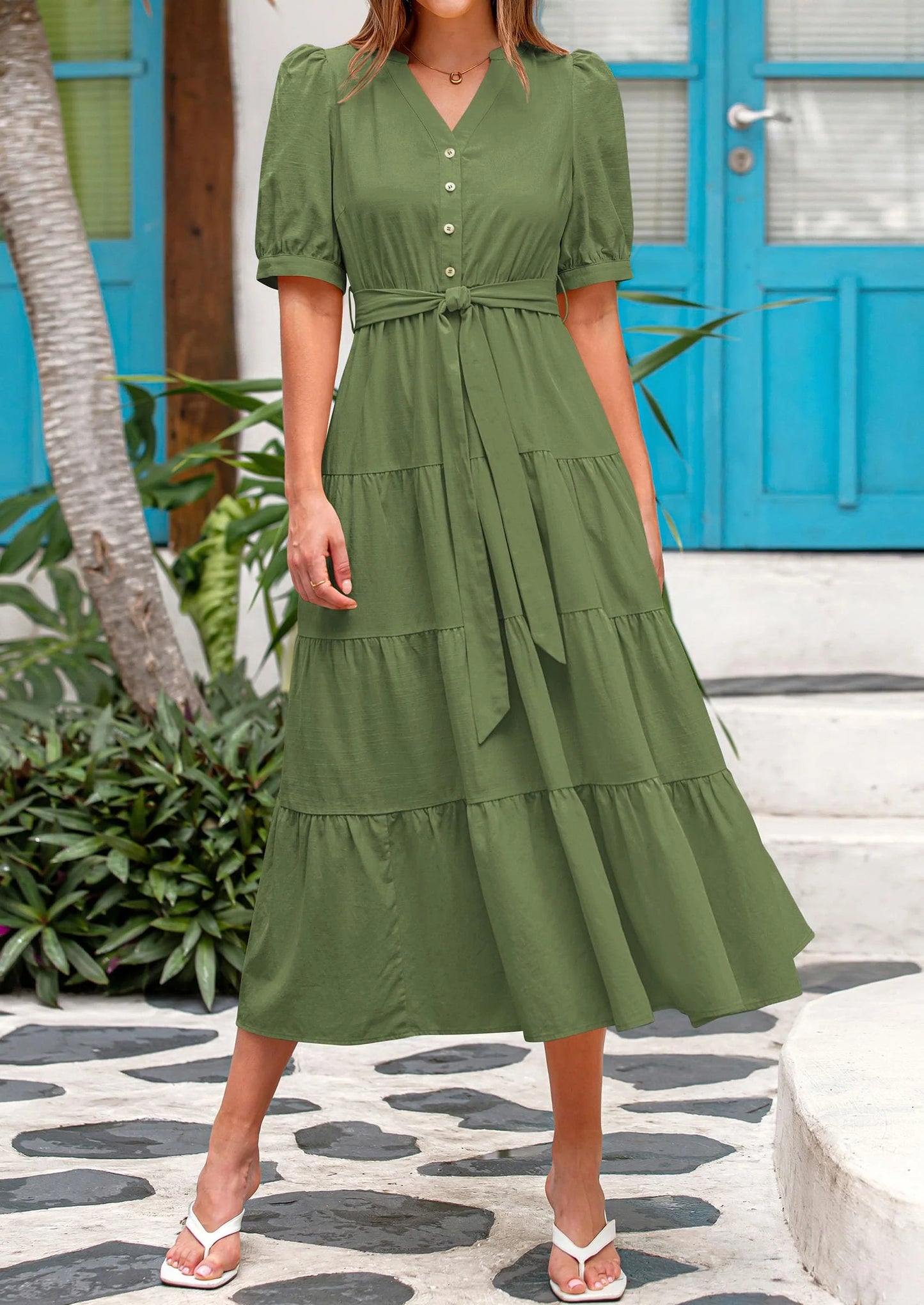 Women's Midi Dress Casual Short Sleeve V Neck Buttons Belted Ruffle A Line Flowy Dress with Pockets
