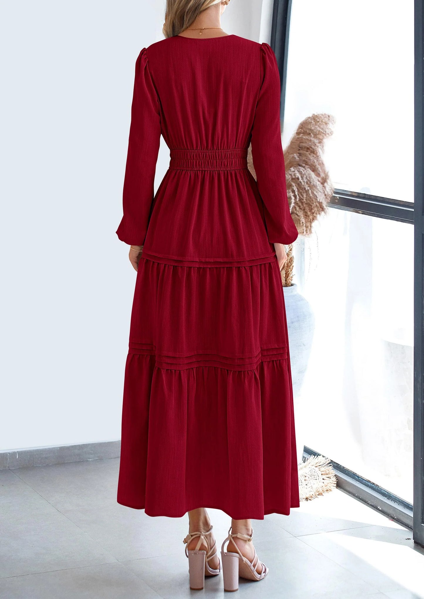Women's Elegant Maxi Dresses Long Sleeve V Neck Flowy Pockets Casual Modest Dress Fall Fashion Clothes