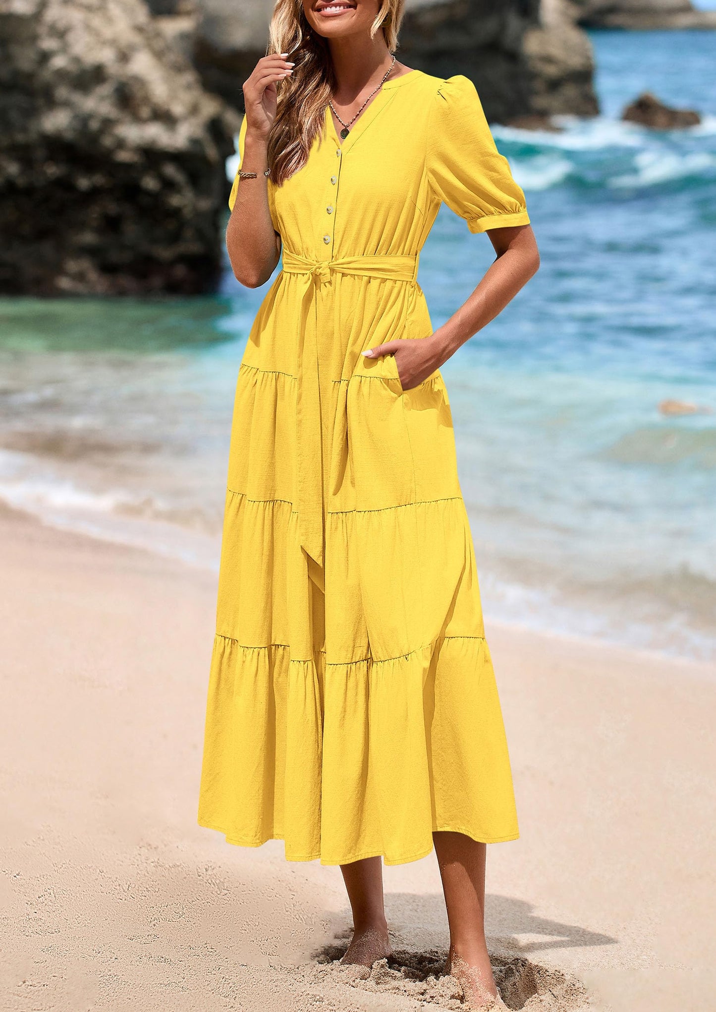 Women's Midi Dress Casual Short Sleeve V Neck Buttons Belted Ruffle A Line Flowy Dress with Pockets