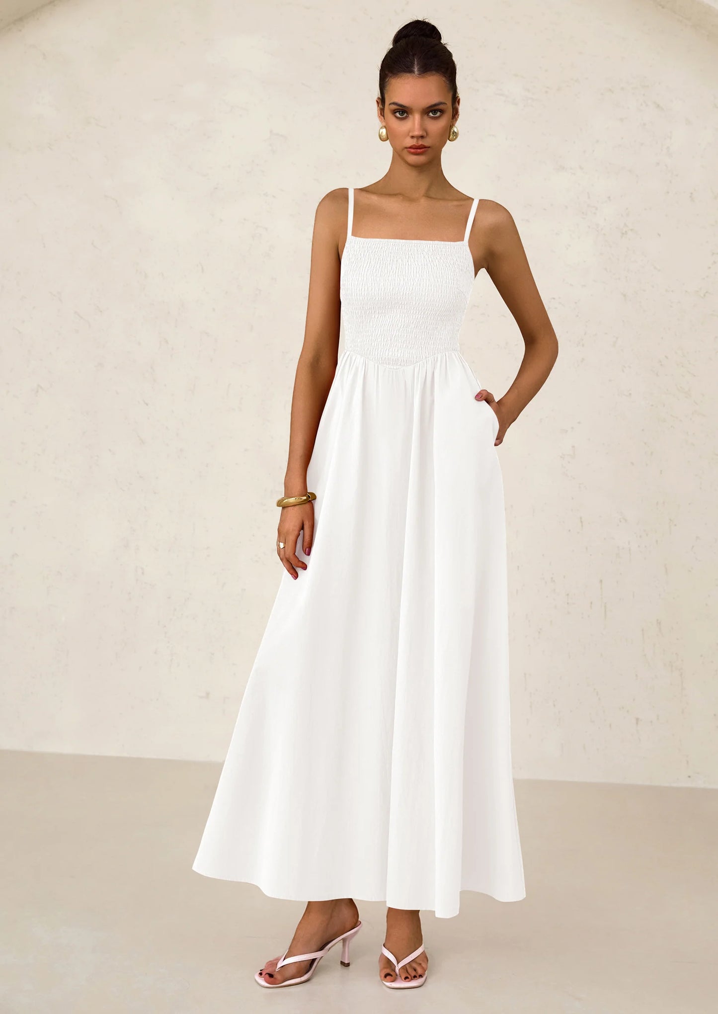 Women's Smocked Maxi Dresses Beach Sundress Casual Spaghetti Strap Swing A Line Long Flowy Dress