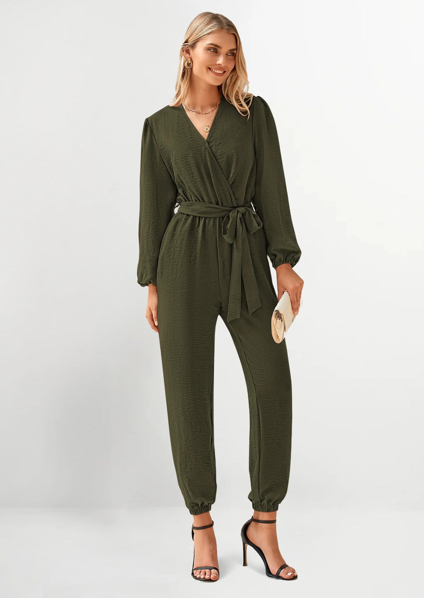 Women's Fall Jumpsuits Dressy Casual Pants Romper Spring Long Sleeve V Neck Belt Pockets One Piece Outfits