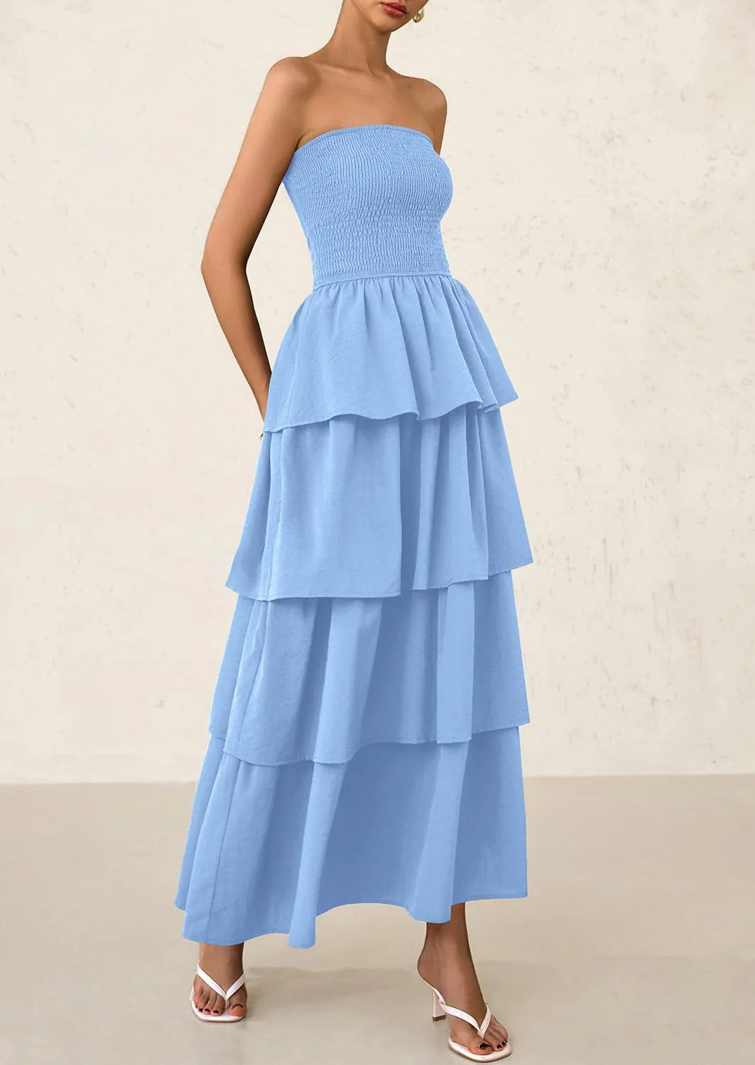 Maxi Dresses for Women Off Shoulder Smocked Tiered Ruffle Long Flowy Wedding Guest Dress