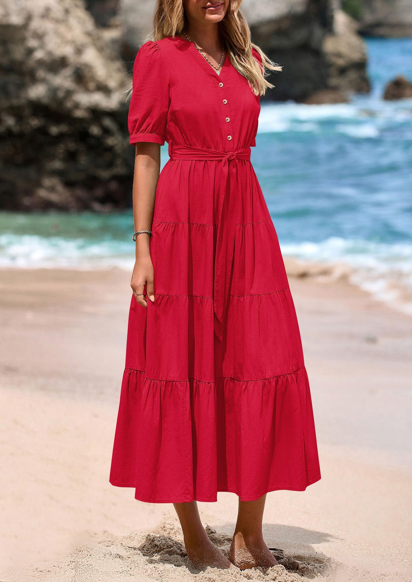 Women's Midi Dress Casual Short Sleeve V Neck Buttons Belted Ruffle A Line Flowy Dress with Pockets