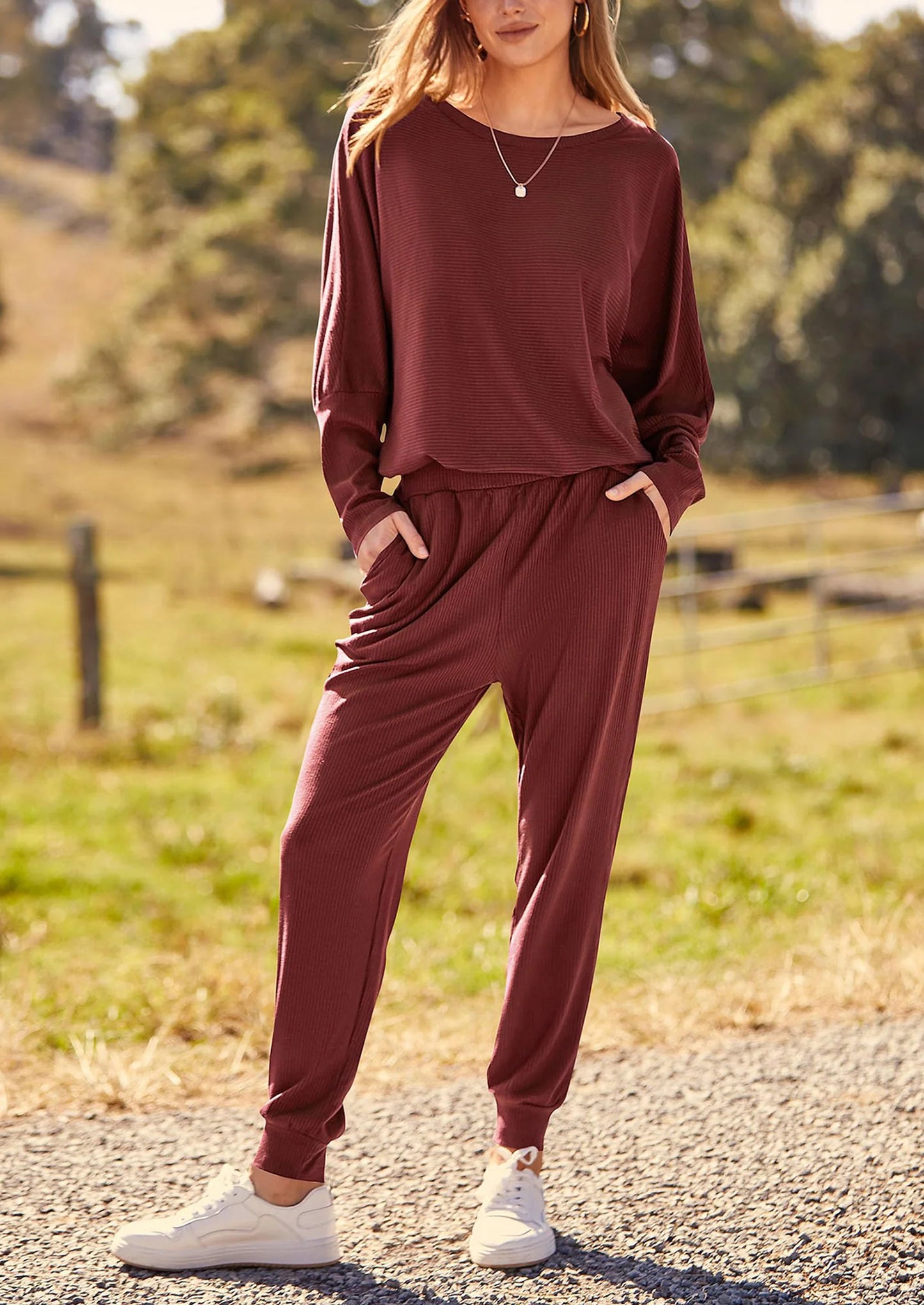 Women's Fall 2 Piece Lounge Set Long Sleeve Tops Ribbed Pants Spring Matching Sweatsuit Travel Outfits Clothes