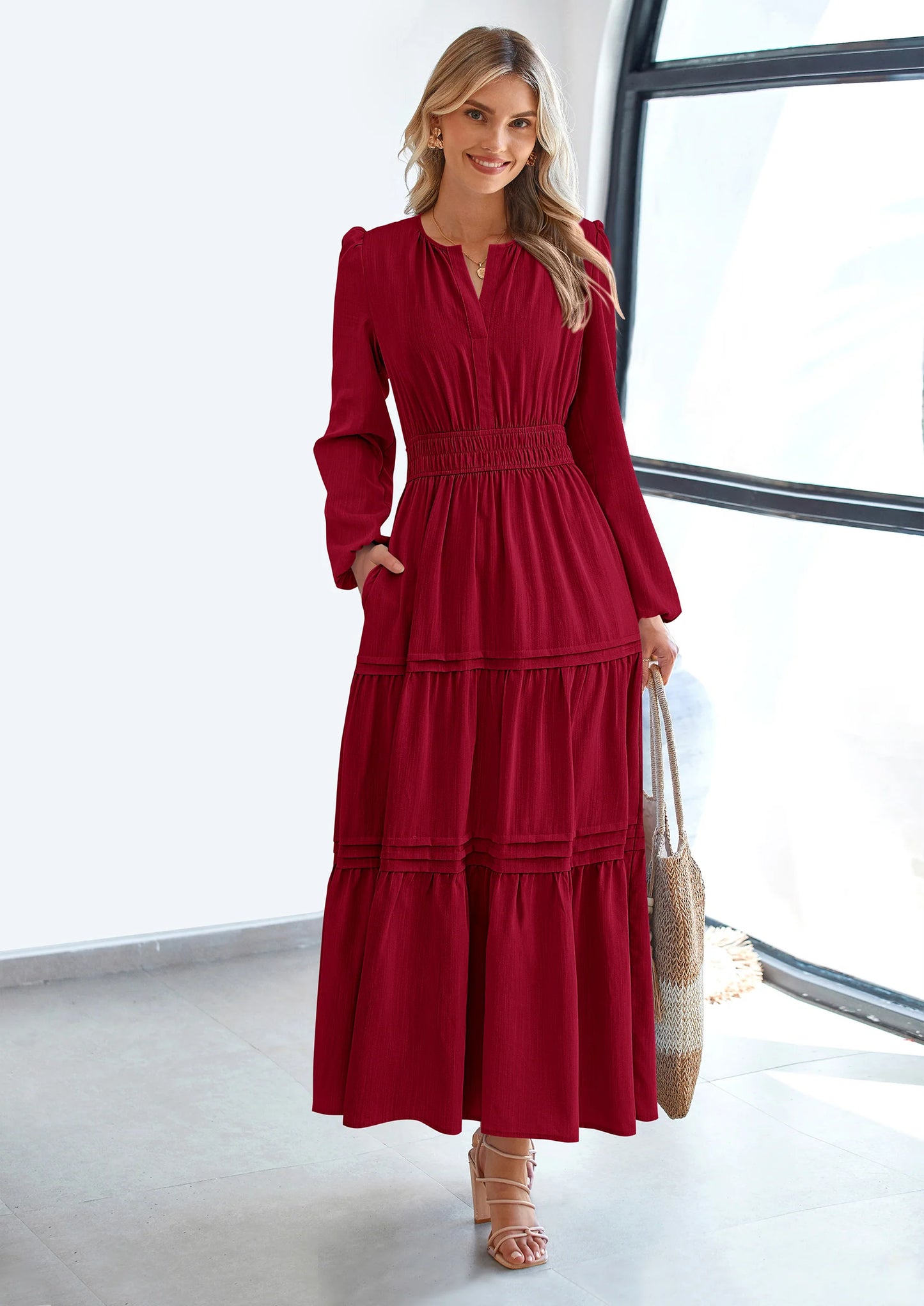 Women's Elegant Maxi Dresses Long Sleeve V Neck Flowy Pockets Casual Modest Dress Fall Fashion Clothes