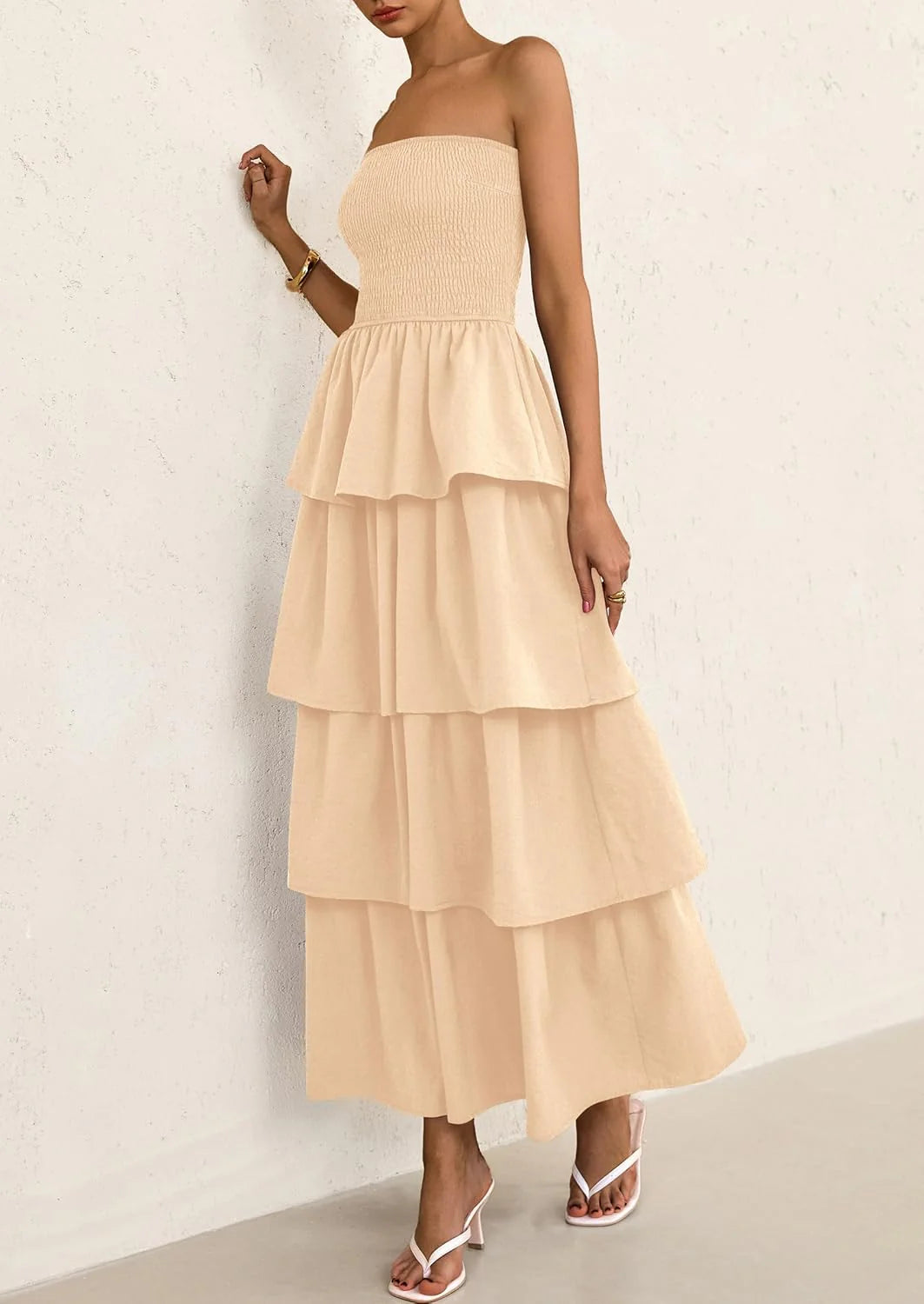 Maxi Dresses for Women Off Shoulder Smocked Tiered Ruffle Long Flowy Wedding Guest Dress