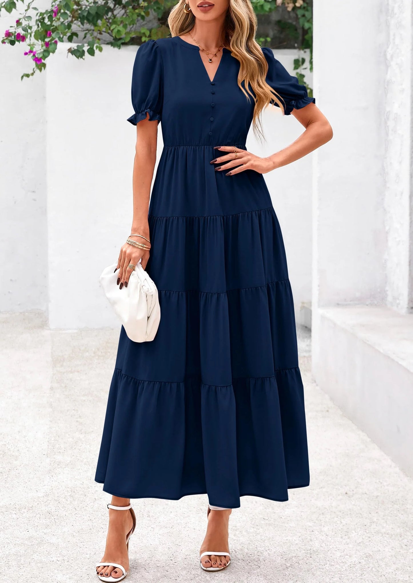 Women's Casual Short Sleeve V Neck Midi Dresses Spring A-line Tiered Wedding Guest Dress