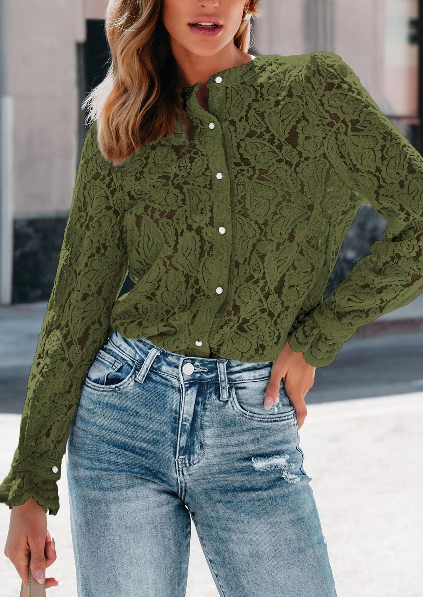 Women's Dressy Casual Lace Blouse Long Sleeve Button Up Shirts Tops Spring Fall Fashion Clothes
