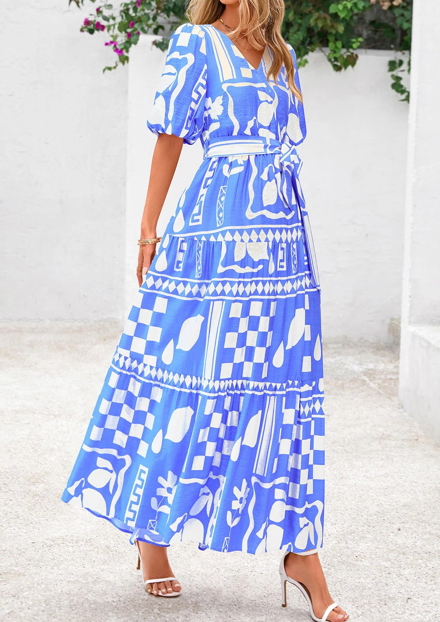 Women's Maxi Dress Resort Wear Boho Floral V Neck Puff Short Sleeve Ruffle Flowy Beach Long Dresses