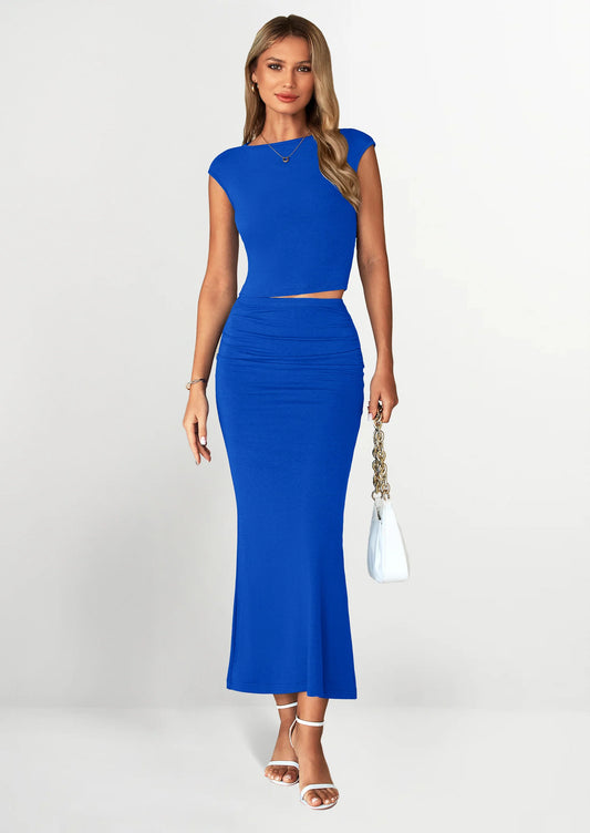 Summer 2 Piece Sets for Women Going Out Casual Cap Sleeve Crop Tops Ruched Maxi Long Skirts Spring Outfits
