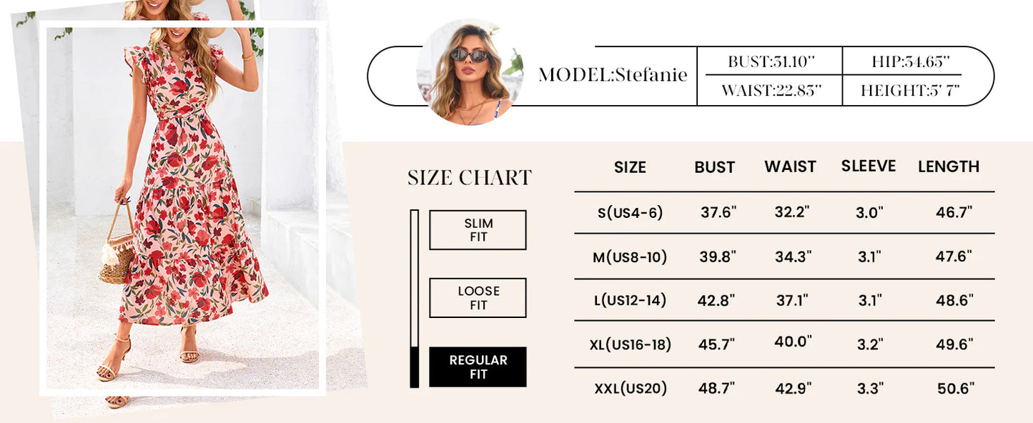 Women's Summer Floral Midi Dress Cap Sleeve V Neck Ruffle Long Flowy Boho Casual Beach Vacation Dresses