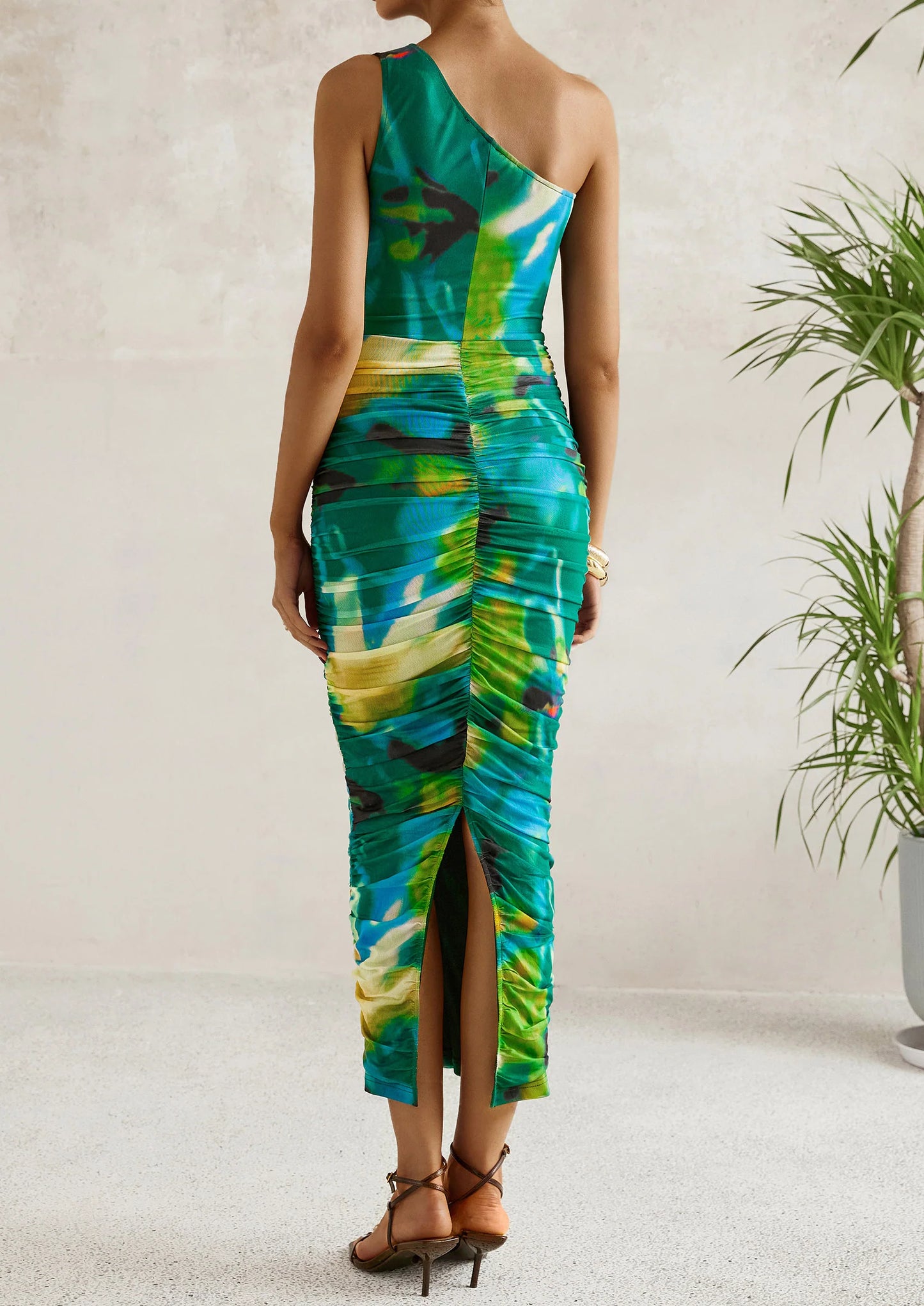 Women's One Shoulder Bodycon Dresses Ruched Floral Beach Cocktail Wedding Guest Dress