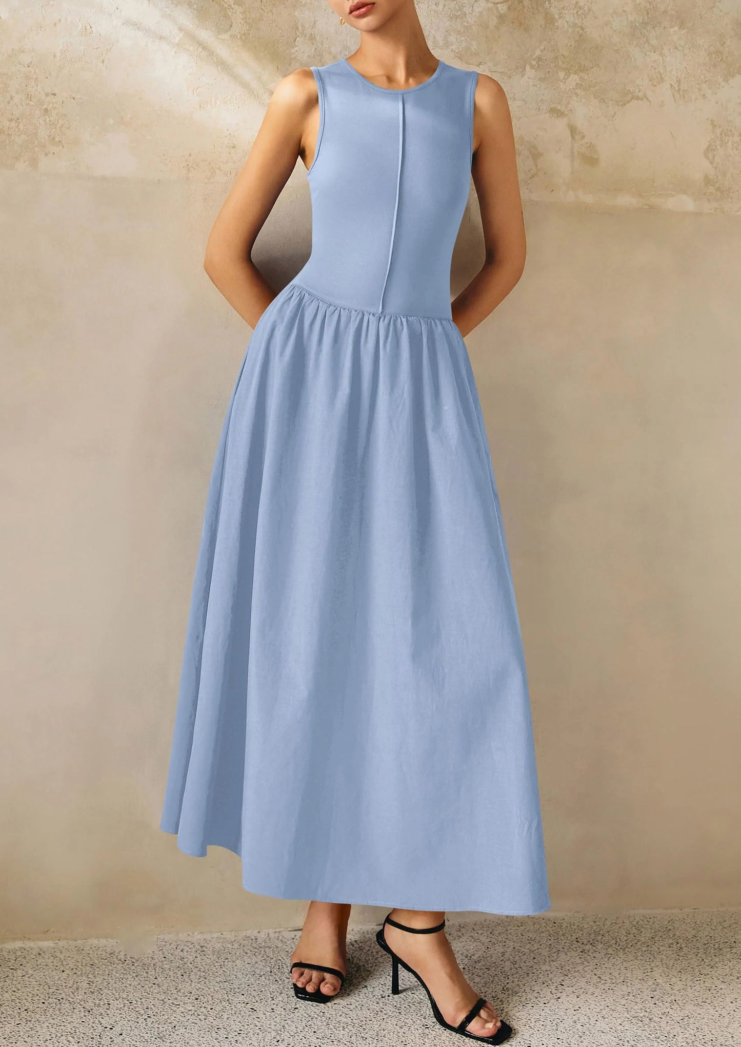 Women Maxi Dresses Casual Sleeveless Patchwork Knit Tank Dress Flowy Beach Sundress Long Dress