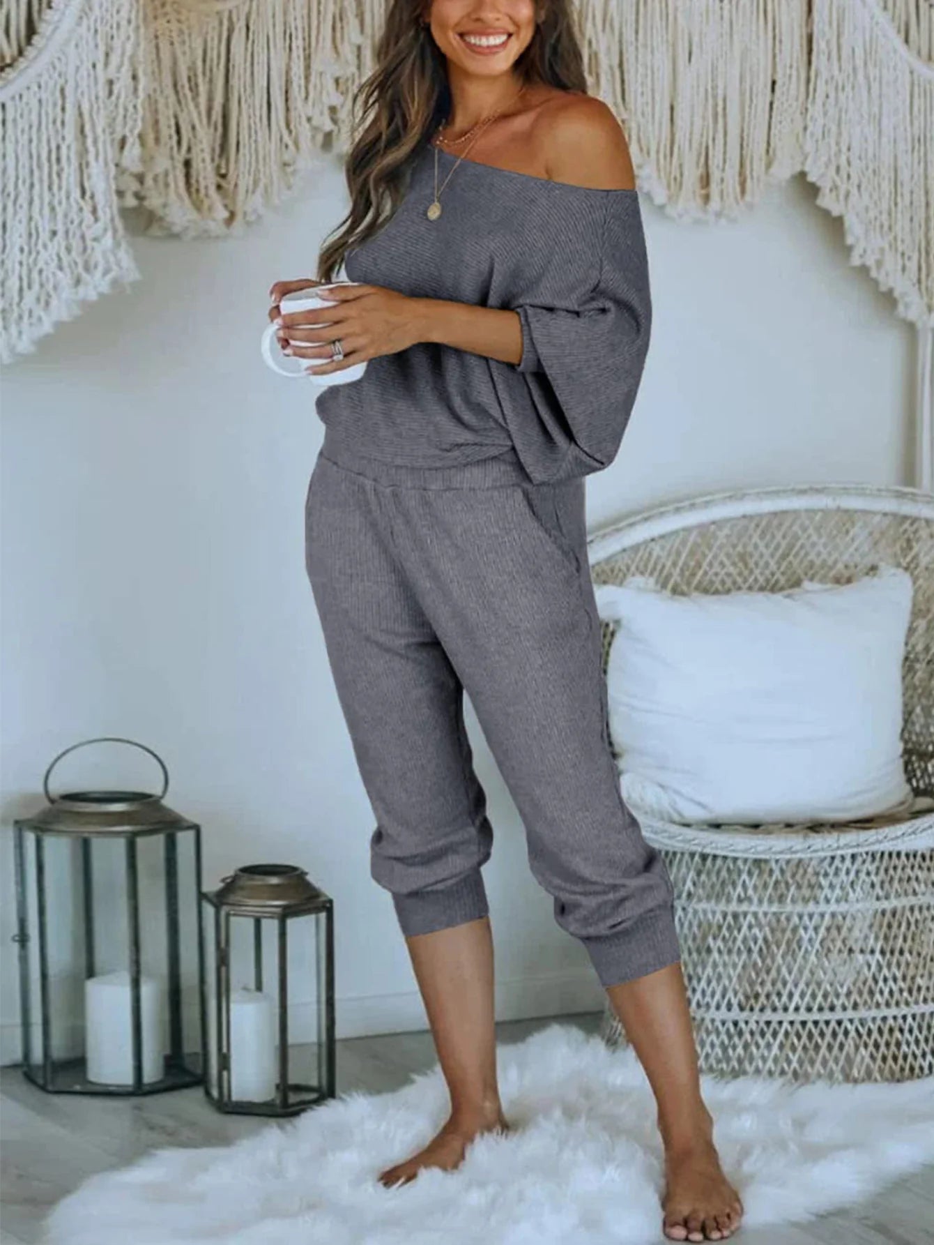 Women's 2 Piece Ribbed Tracksuit Outfits Off Shoulder Long Sleeve Pullover Lounge Pants with Pockets