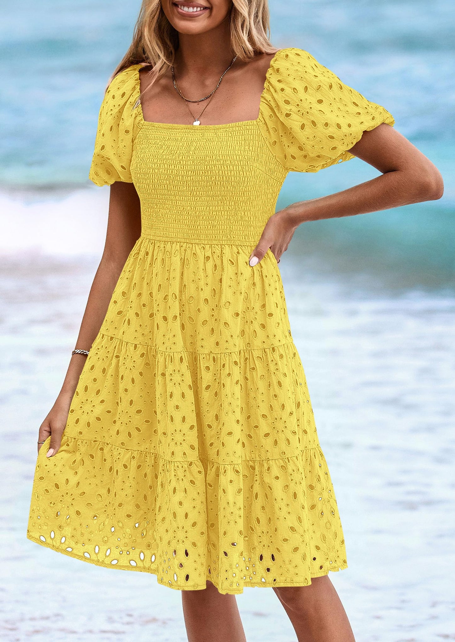 Womens Summer Puff Sleeve Mini Dress Off Shoulder Eyelet Smocked A Line Casual Babydoll Short Dresses