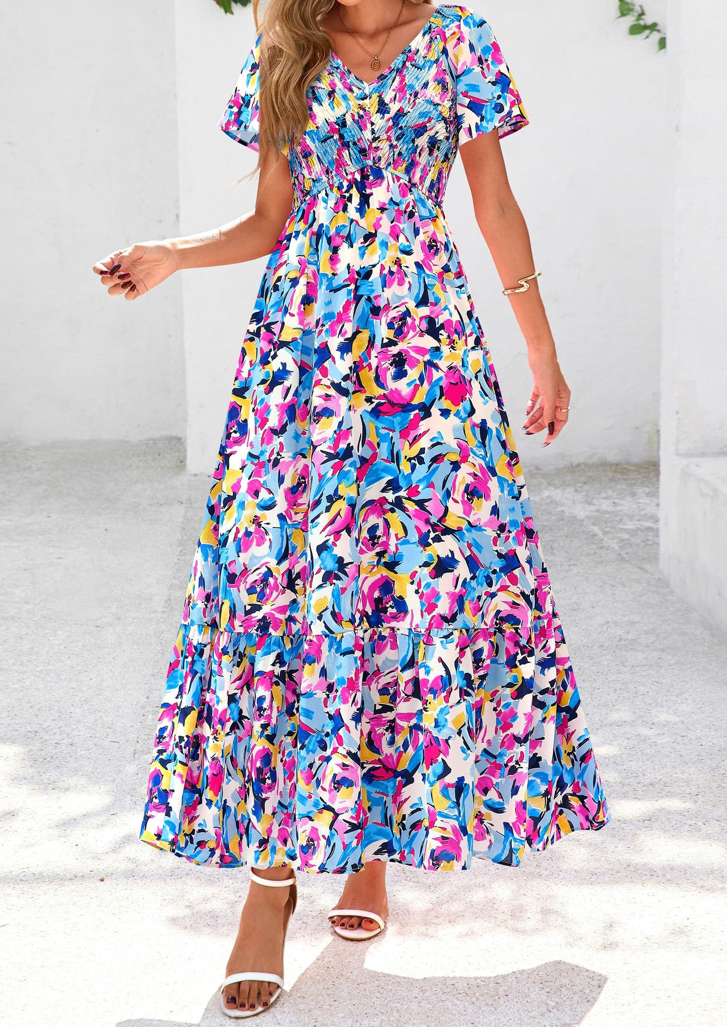 Women Floral Boho Maxi Dresses Short Sleeve V Neck Smocked A Line Long Flowy Beach Vacation Dress