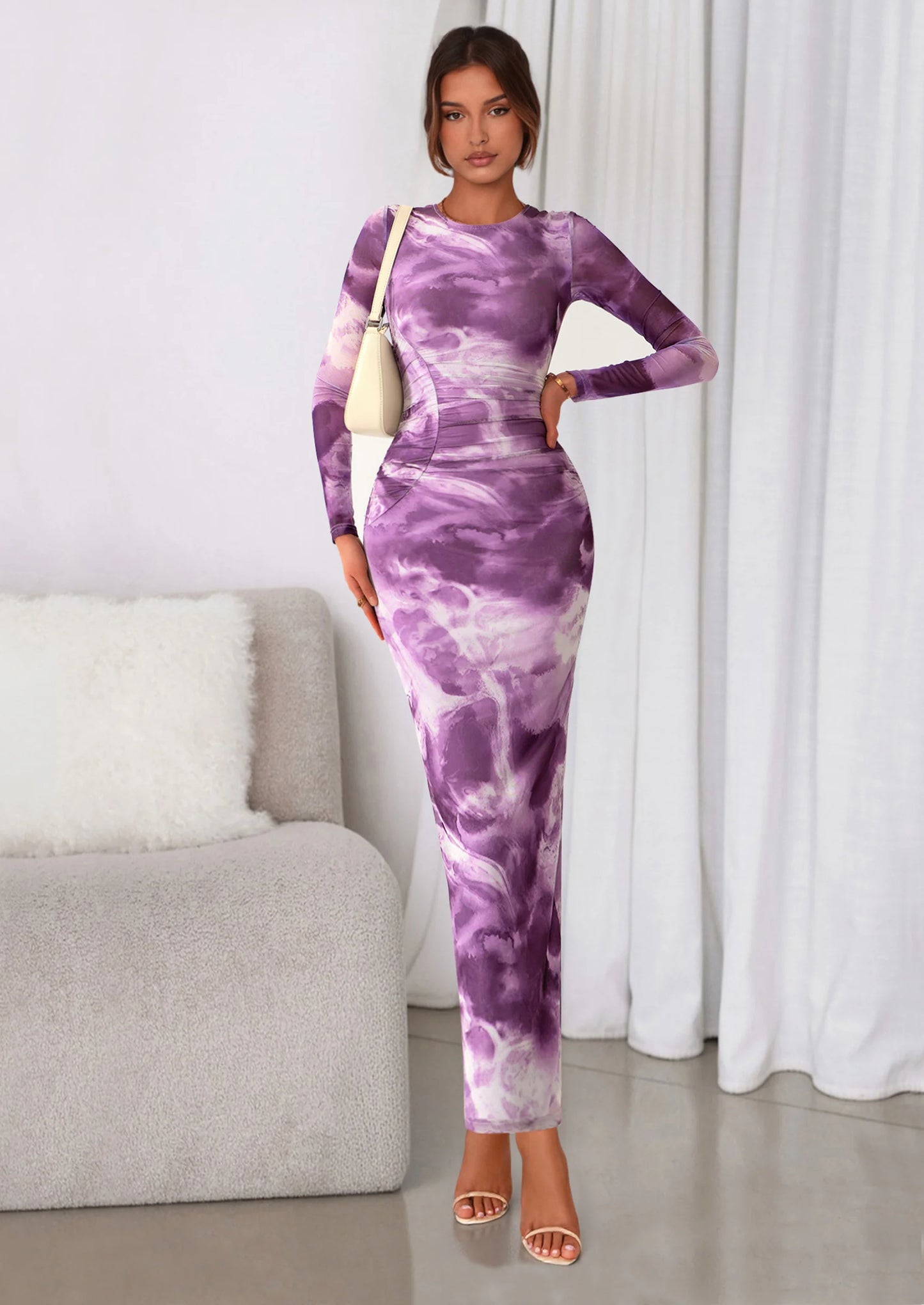 Women's Fall Wedding Guest Dresses Long Sleeve Fitted Ruched Slit Bodycon Mesh Floral Party Maxi Dress