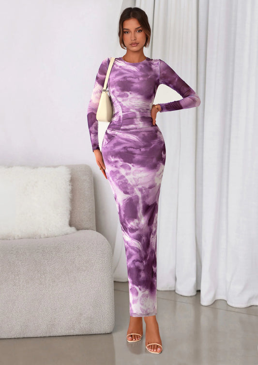 Women's Fall Wedding Guest Dresses Long Sleeve Fitted Ruched Slit Bodycon Mesh Floral Party Maxi Dress