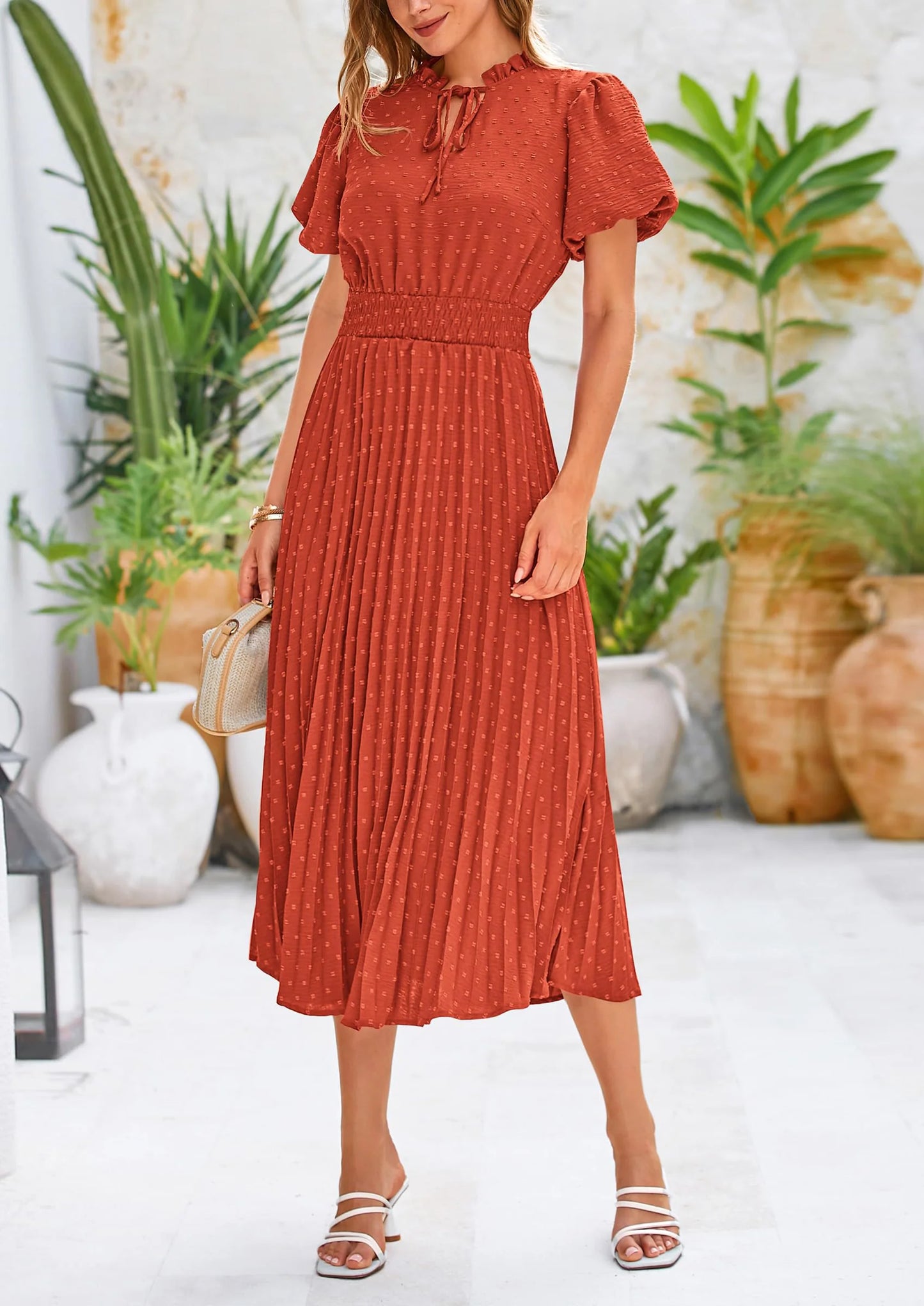 Womens Midi Dresses Puff Short Sleeve V Neck Swiss Dot Pleated A Line Flowy Long Wedding Guest Dress