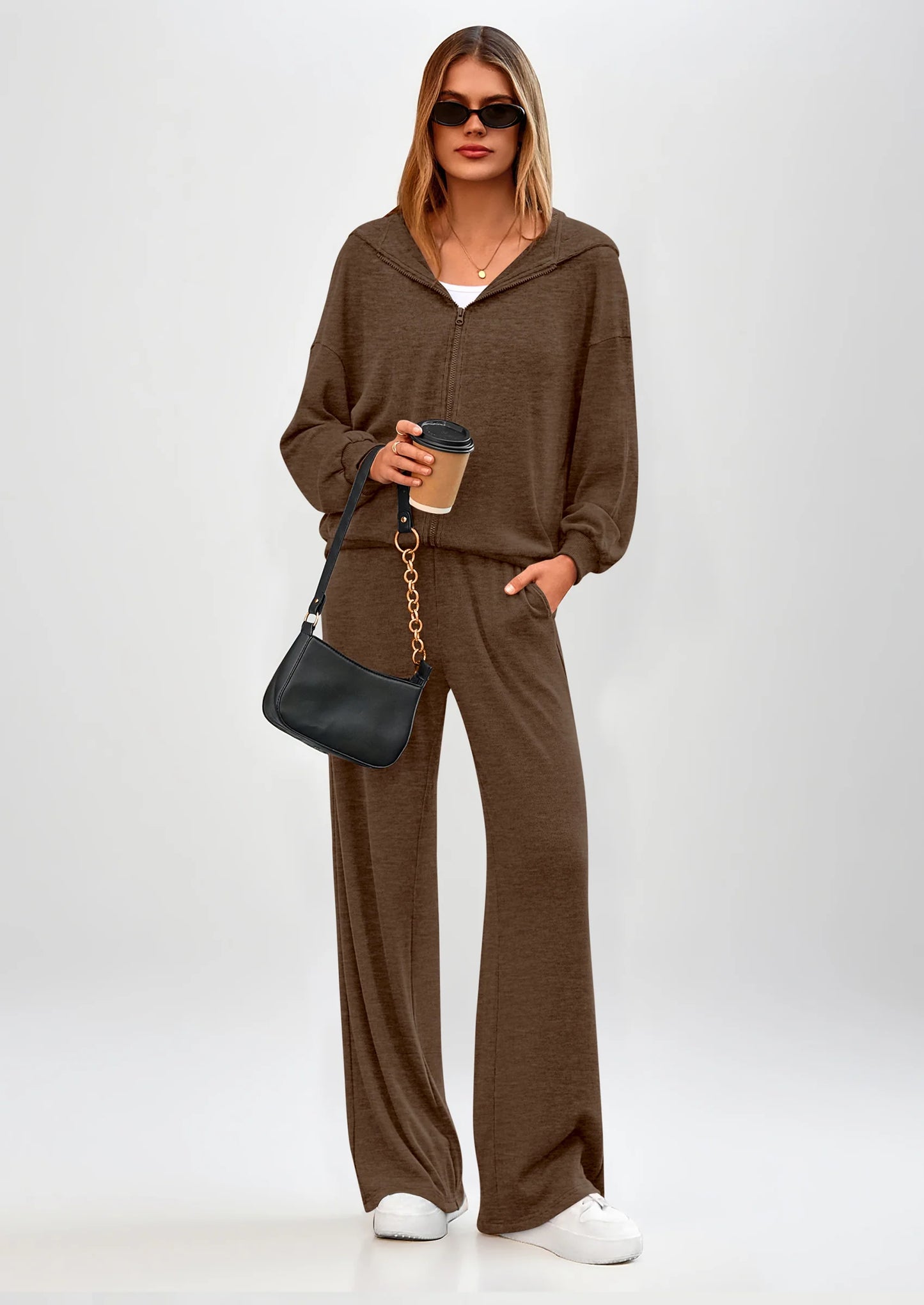 Women's 2 Piece Fall Lounge Sets Zip Up Hoodie Wide Leg Pants Tracksuit Matching Travel Outfits Clothes
