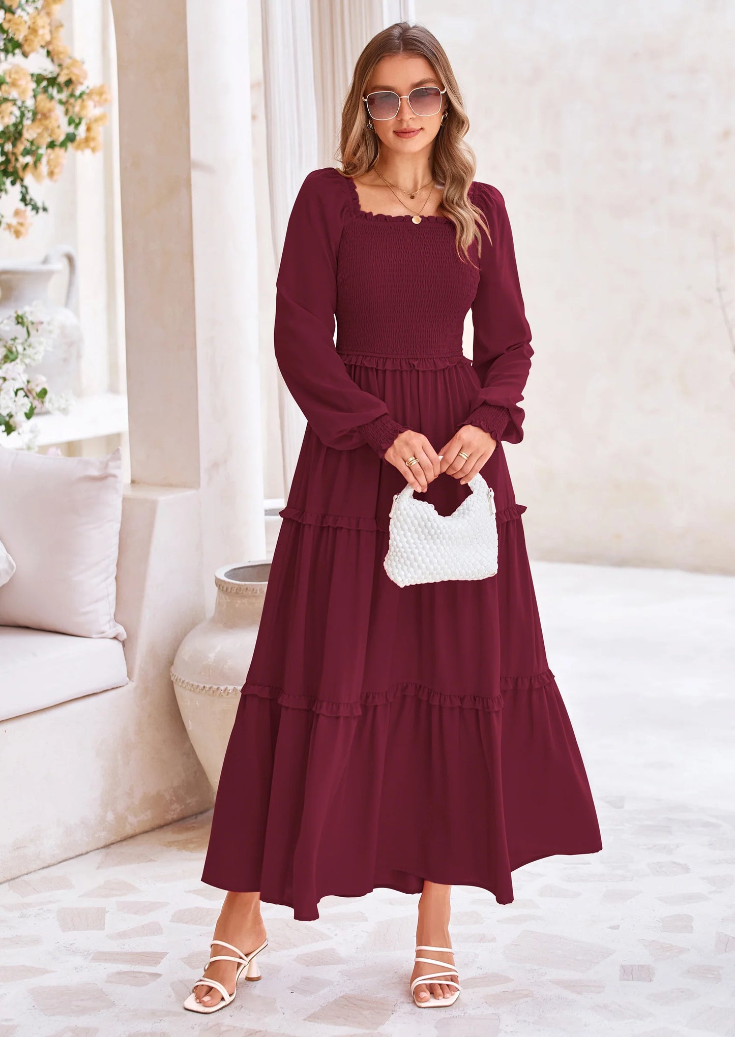 Fall Wedding Guest Dresses for Women Long Sleeve Square Neck Tiered A Line Modest Elegant Flowy Dresses